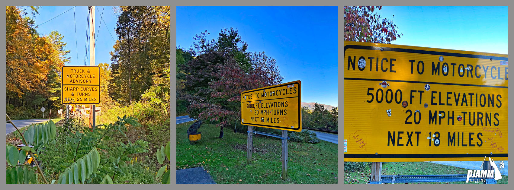 Cycling Cherohala Skyway, North Carolina - bright yellow road signs warning of high elevation and sharp, steep turns, PJAMM Cycling logo in corner