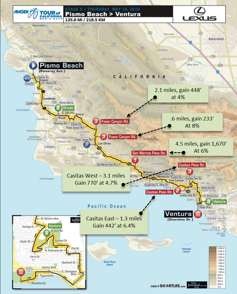 Amgen Tour of California Amgen Tour of California - Map with bike climb details for May 16, 2019 Stage 5