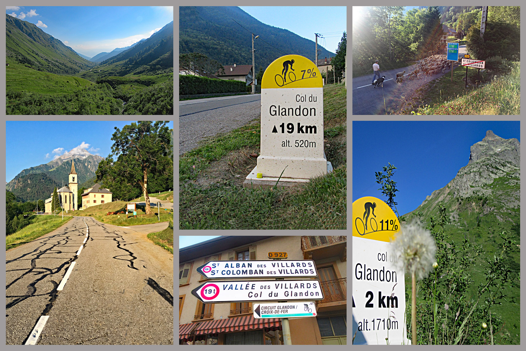 photo collage shows yellow and white km marker signs, large white church and steeple 