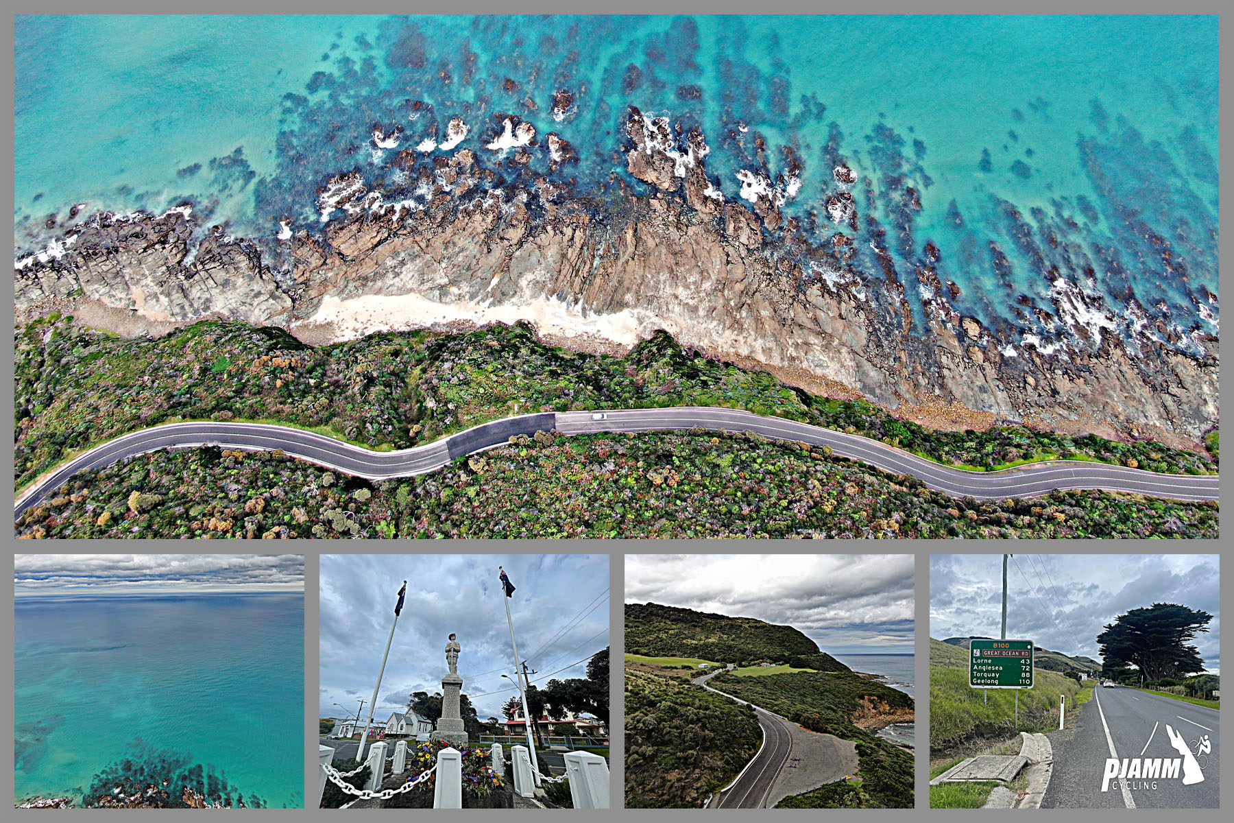 photo collage shows aerial drone vies of coastline, crystal blue water, Apollo Bay