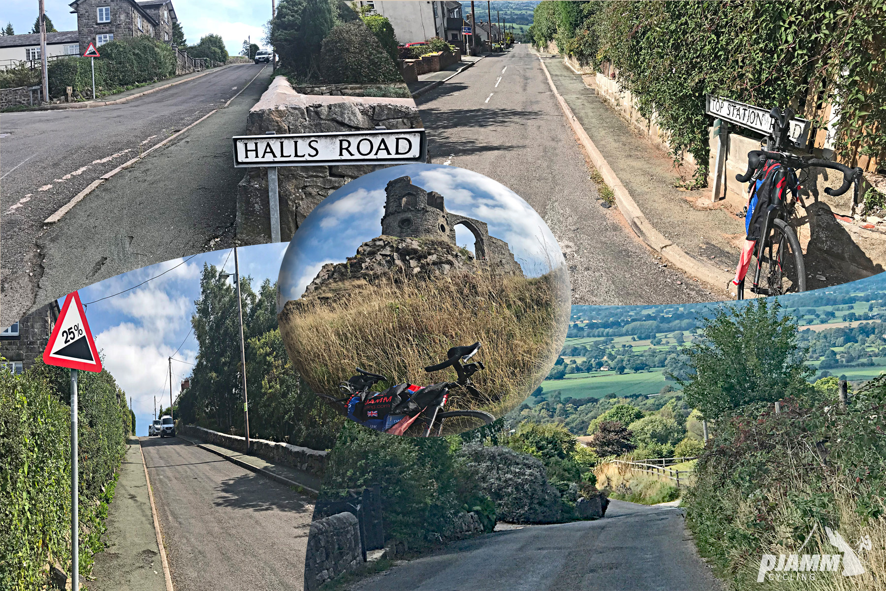 Cycling Mow Cop - road sign for Halls Road, 25% grade road sign, view from below of bike parked on road beneath Mow Cop Castle, views of two lane roads