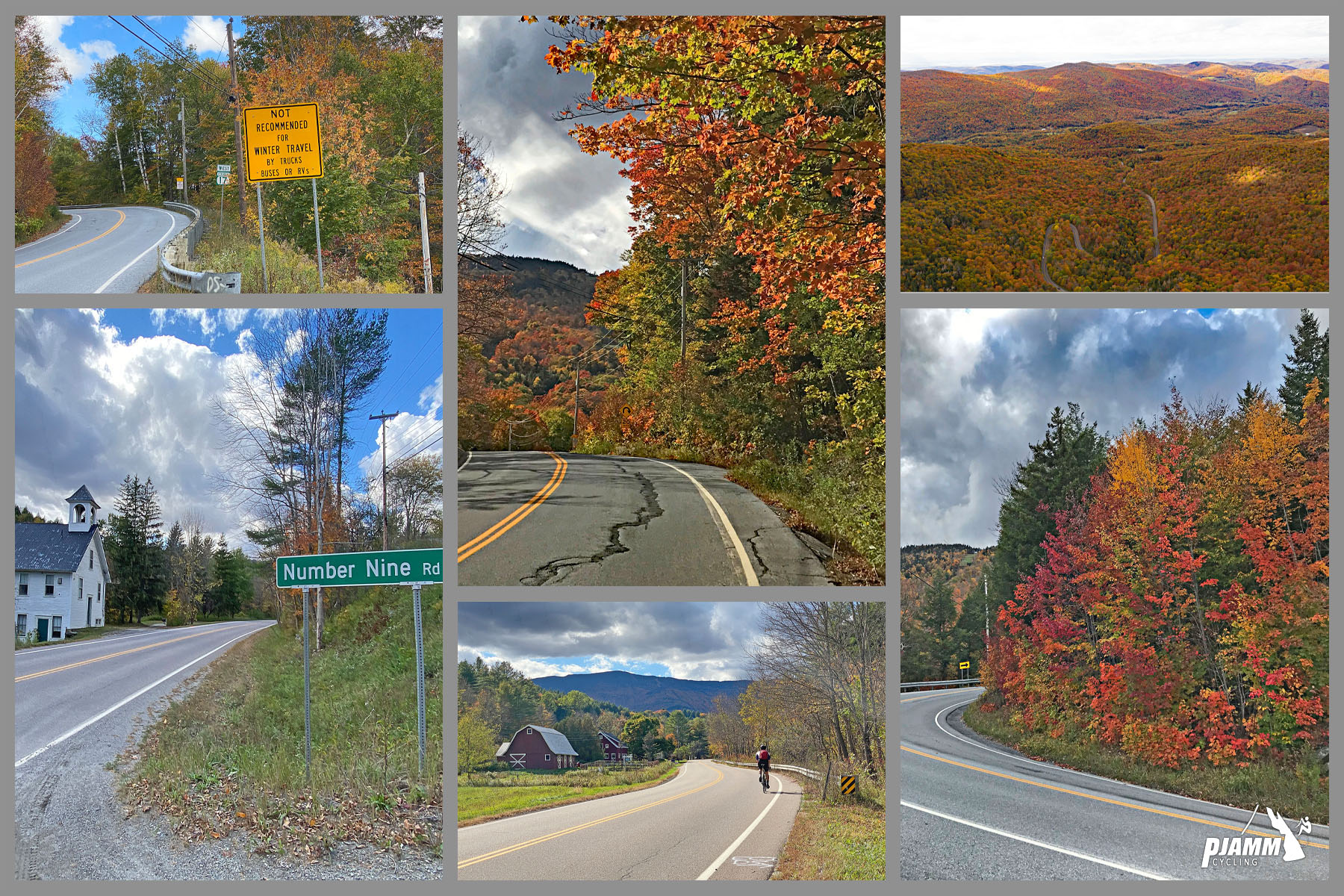 Cycling Appalachian Gap East, Vermont - photo collage, fall foliage, two-lane roadway, white church on road sign next to sign for Number Nine Road, PJAMM Cycling logo in corner