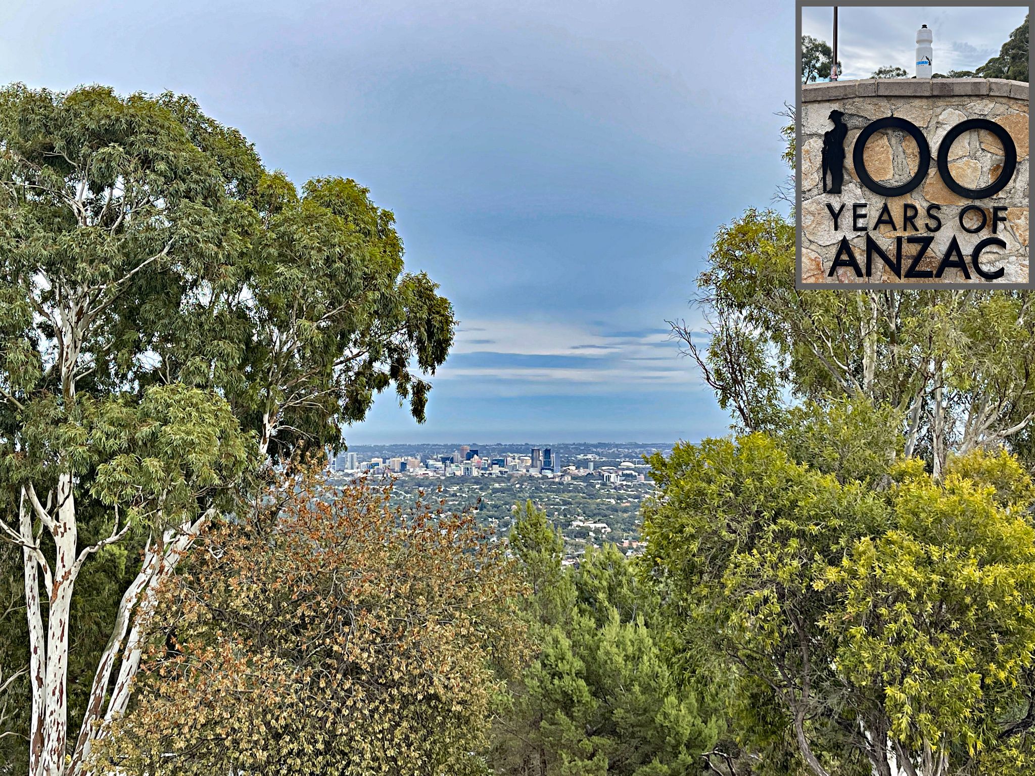Cycling Kensington Road Lookout, Wattle Park, Australia view from climb summit, looking down, west toward Adelaide