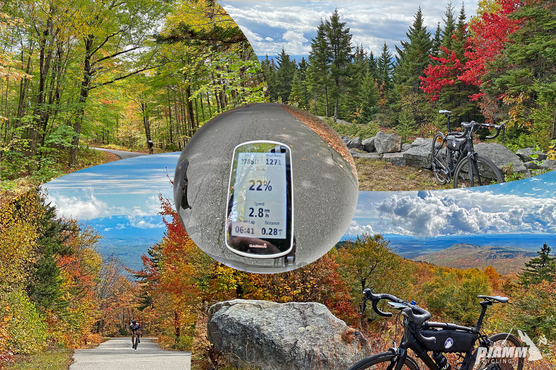 Cycling Kearsarge Mountain Road, New Hampshire - photo collage, dense and bright colored fall foliage, Garmin device showing 22% grade, PJAMM Cycling logo in corner