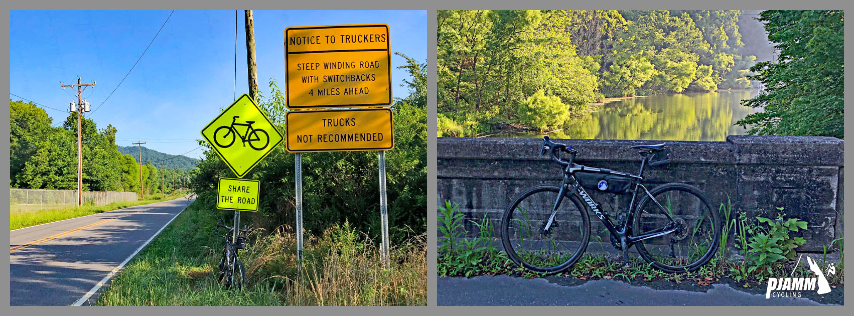 Climbing Mt. Mitchell by bike - photo collage, road with share the road sign, and notice of steep winding roads sign, bicycle on bridge, lush greenery reflecting into water