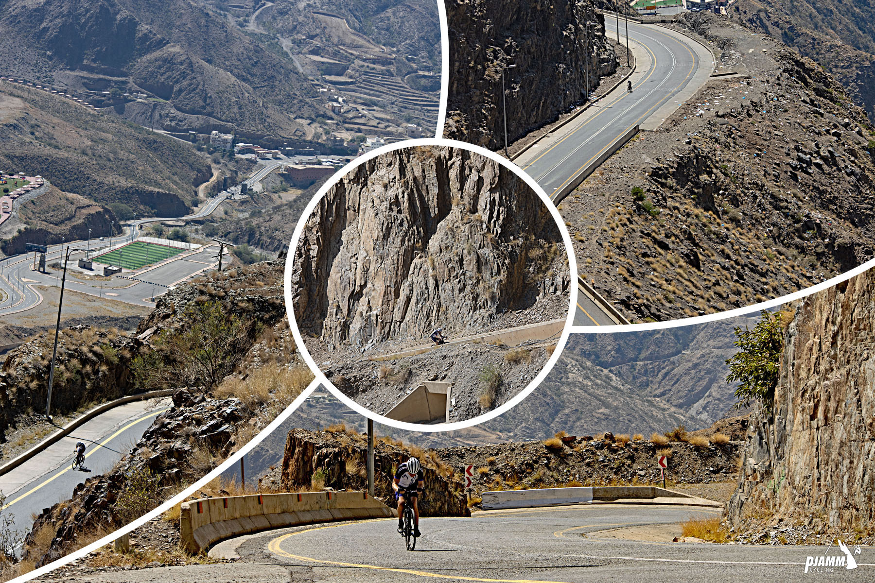 Cycling Mount Souda, Saudi Arabia - photo collage shows PJAMM Cyclist on the climb as seen from above, two-lane highway roadway with jagged rocks on roadside and tall rock walls