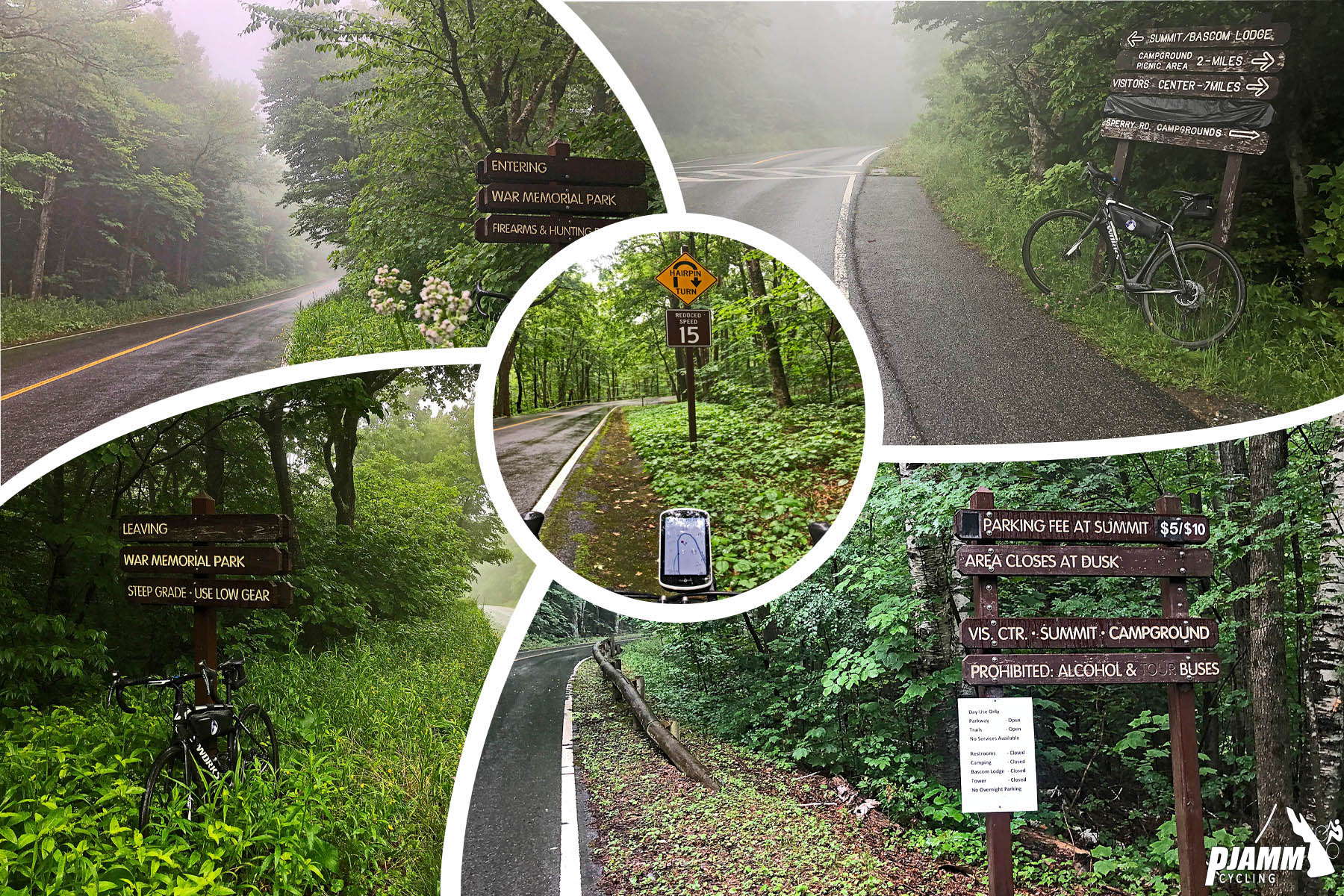 Cycling Mt. Greylock, Massachusetts  - photo collage showing ample signage throughout climb, PJAMM Cycling logo in corner