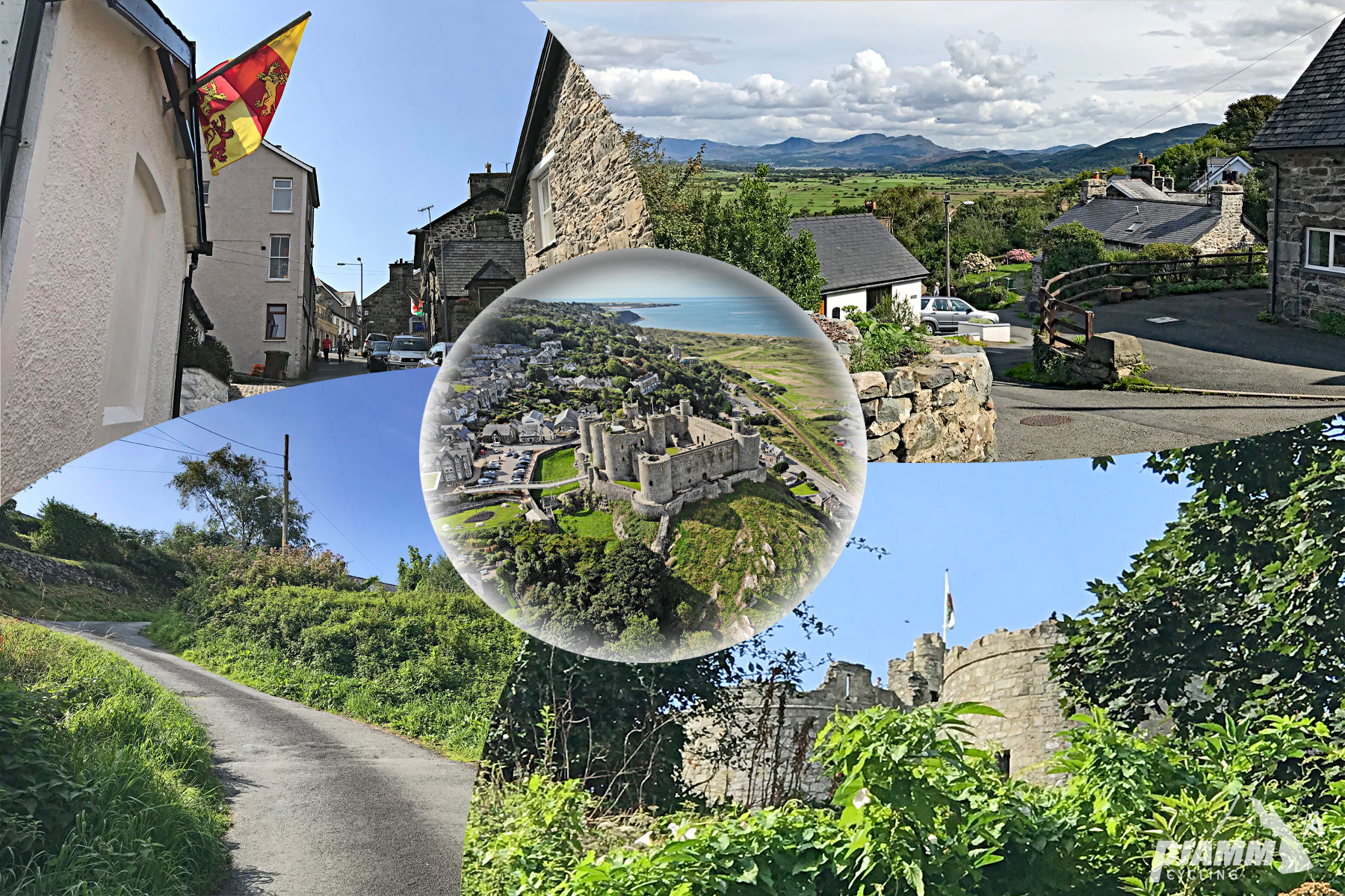 Cycling Ffordd Pen Llech, Wales - photo collage, PJAMM Cycling logo in corner, aerial drone view of Harlech Castle, segment of very steep, one-lane roadway surrounded by greenery, flag flying outside of white building along roadway