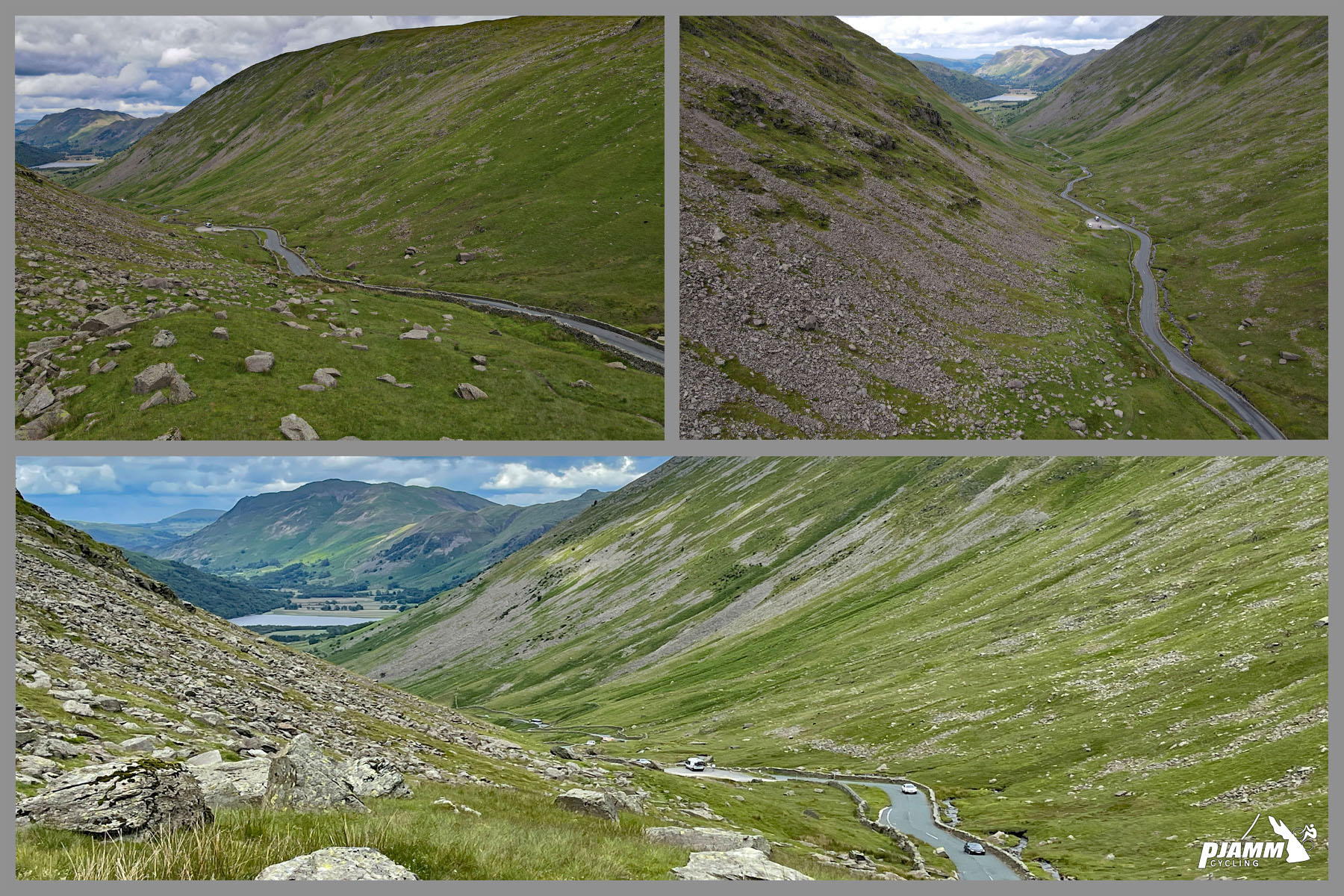 photo collage shows views of green pastureland, road snaking through hillsides, Brothers Water in distance
