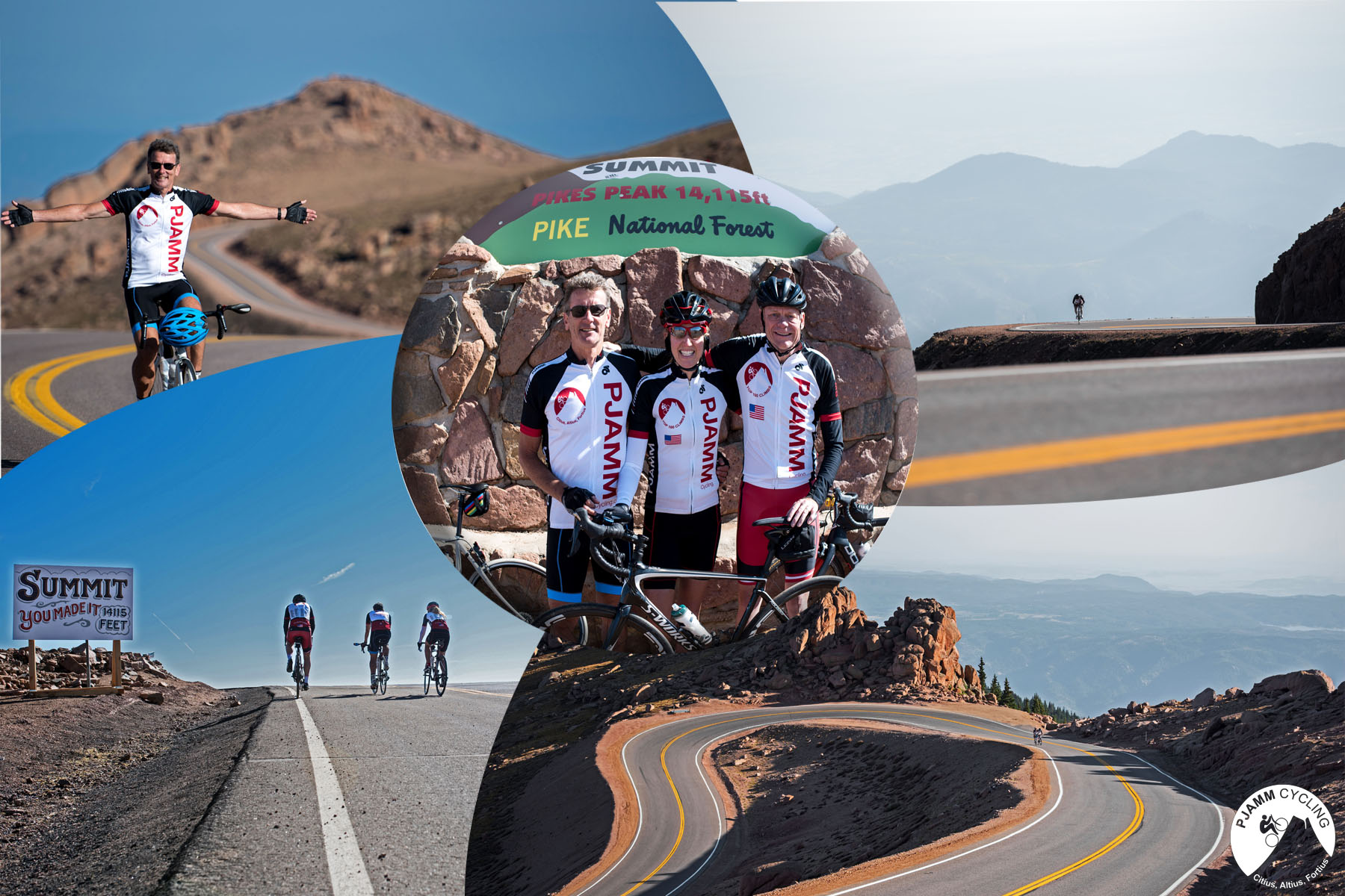 Cycling Pikes Peak - photo collage, PJAMM Cycling logo in corner, cyclist riding with arms outstretched along stretch of flat road, three cyclists at riding at climb's summit, aerial view of large u-shaped switchback, three cyclists posing in front of Summit sign