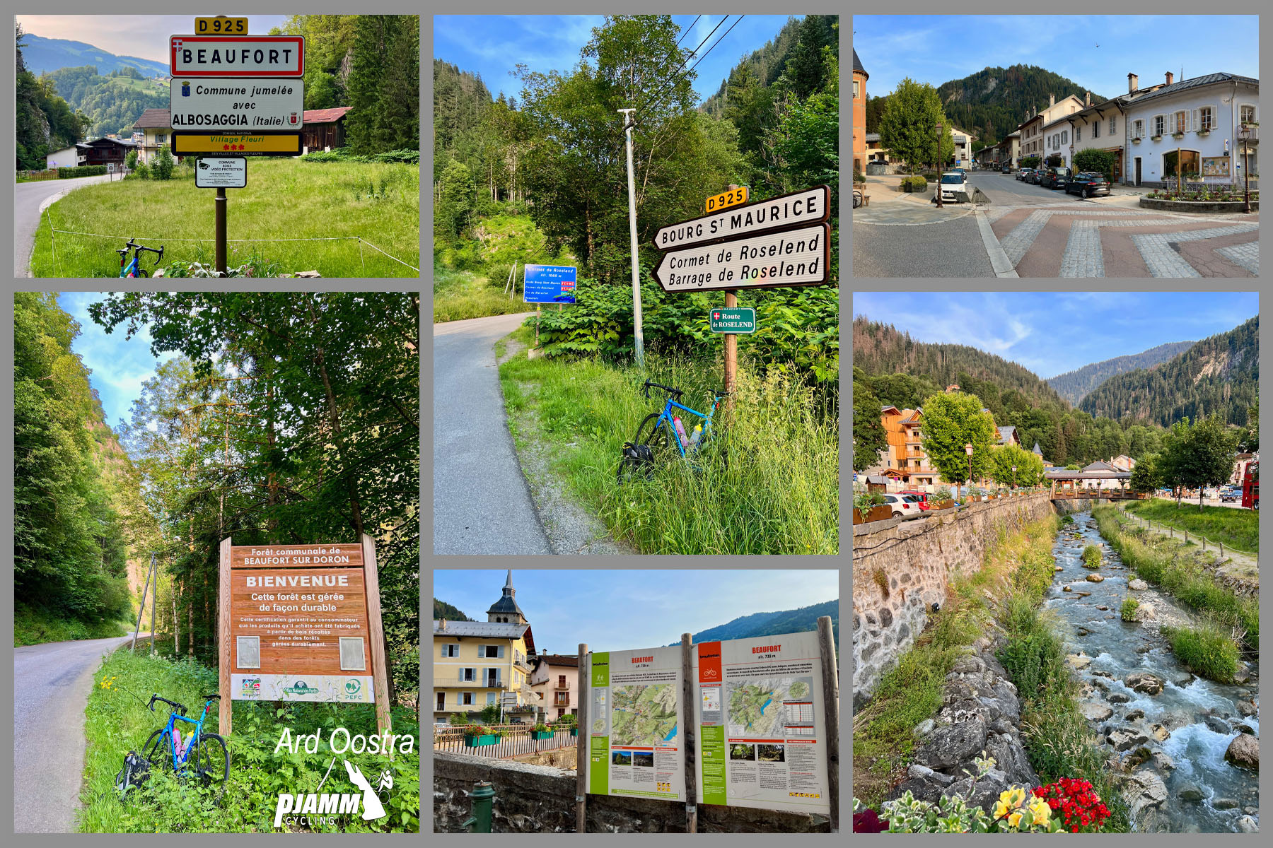 Cycling Cormet de Roseland, France: photo collage shows informational and street signs along the route, including signs for Beaufort and Bourg St Maurice; beautiful river runs parallel to roadway