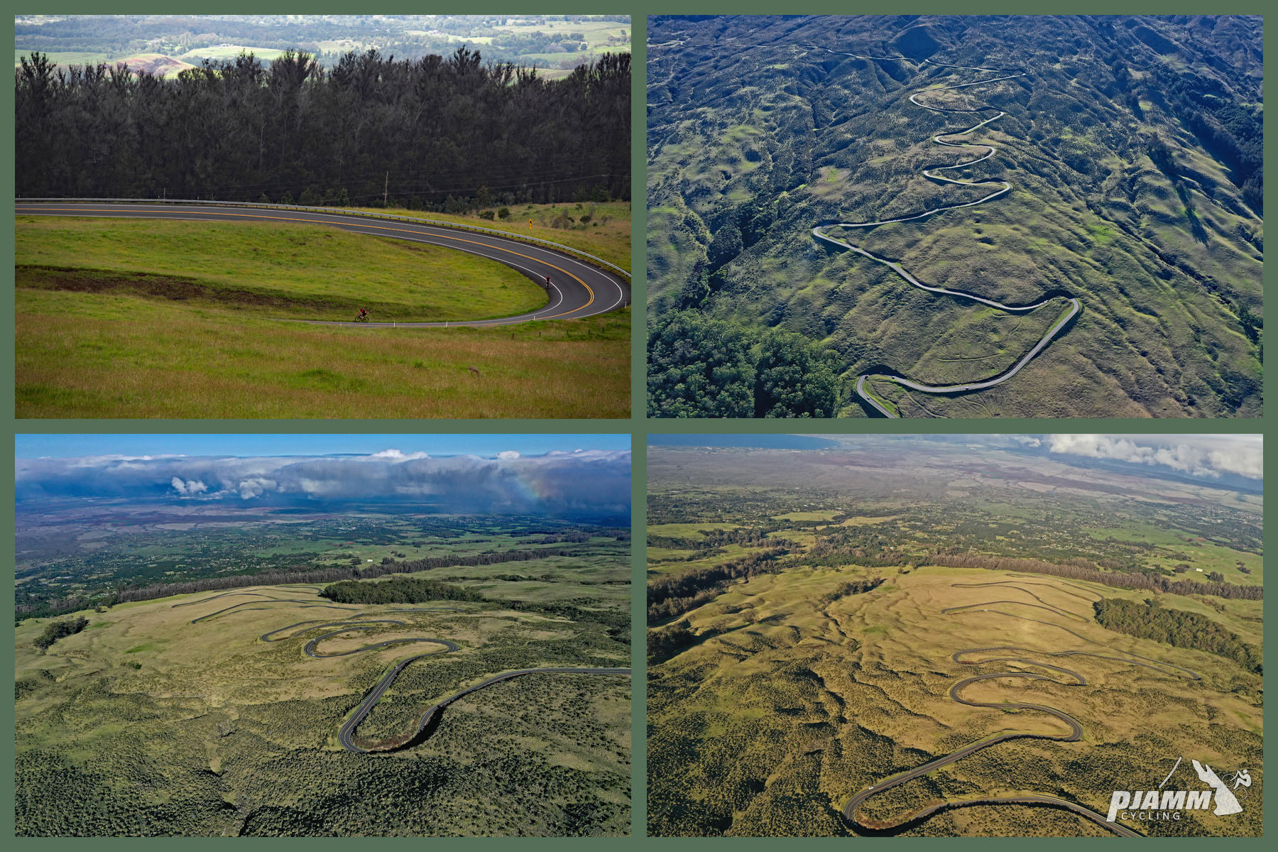 Cycling Haleakala Volcano - aerial drone photo of hairpin curve, green grass and roadway