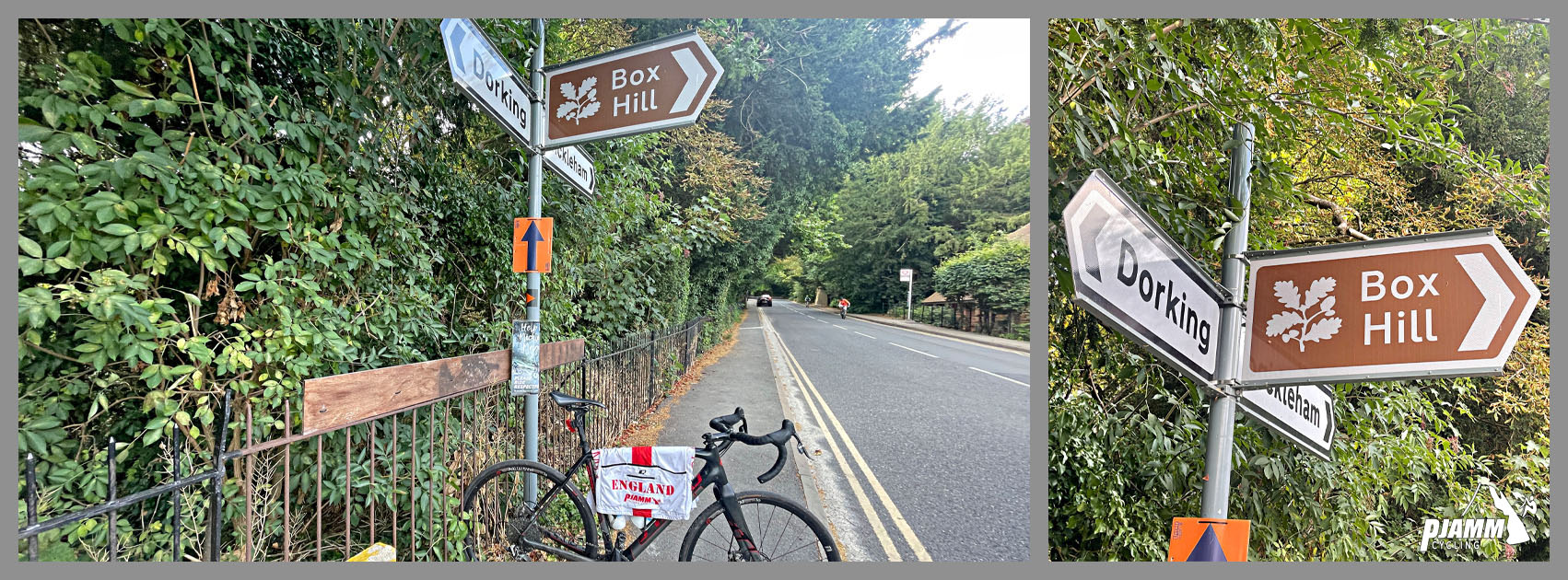 bike parked on road side next to sign for Box Hill