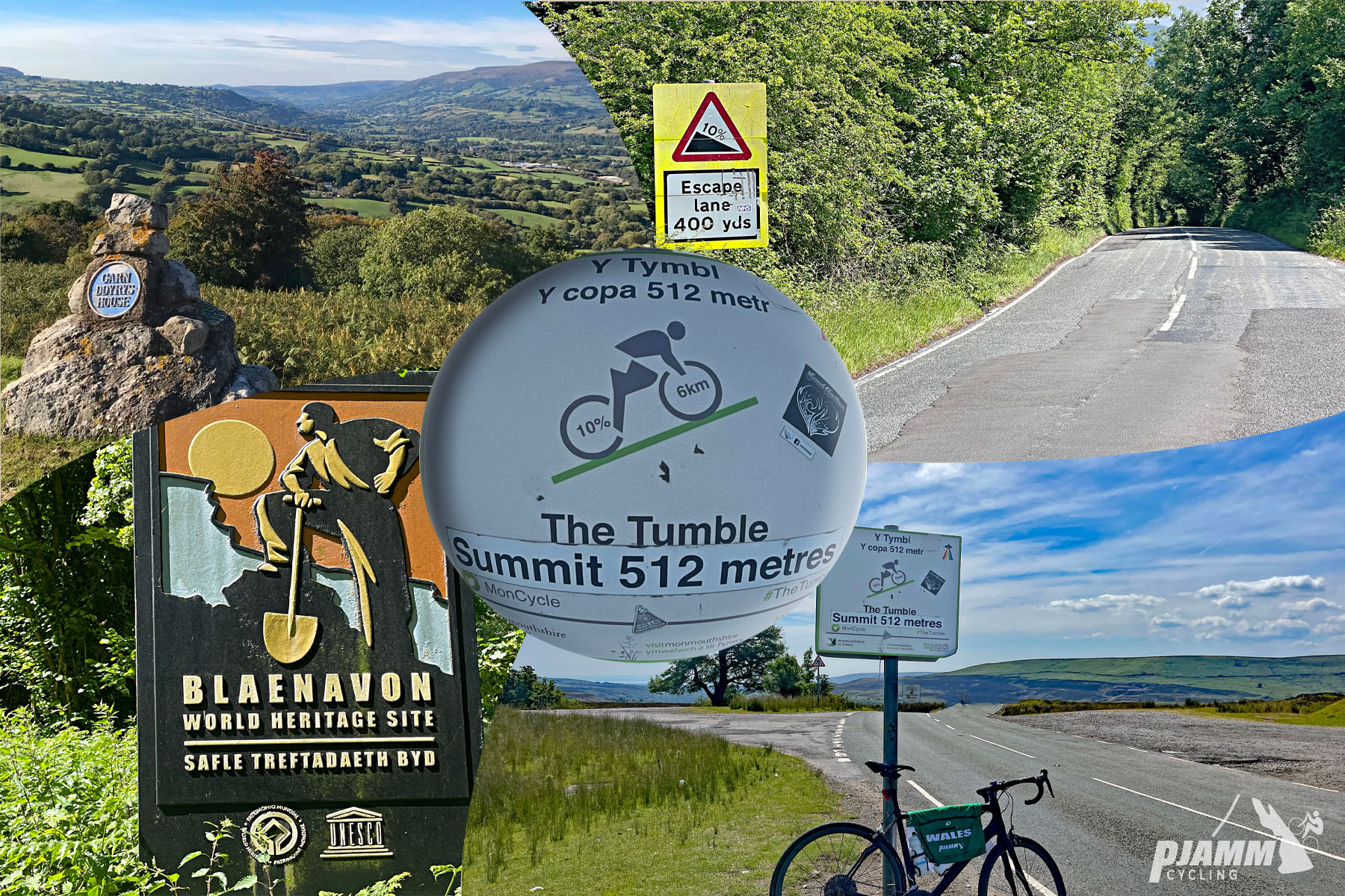 photo collage - signs along the roadway including 10% grade, The Tumble Summit, and Blaenavon World Heritage Site