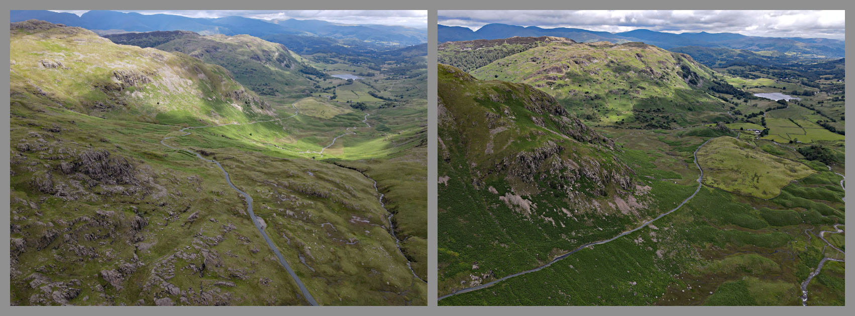 aerial drone view shows views looking back over entire climb, including start near Der Little Langdale Tarn