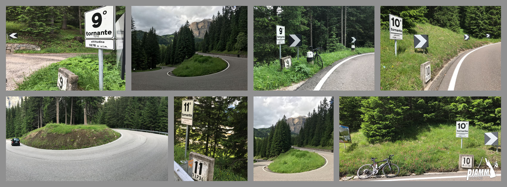 Cycling Passo Pordoi from Canazei - road signs mark the turns on the climb