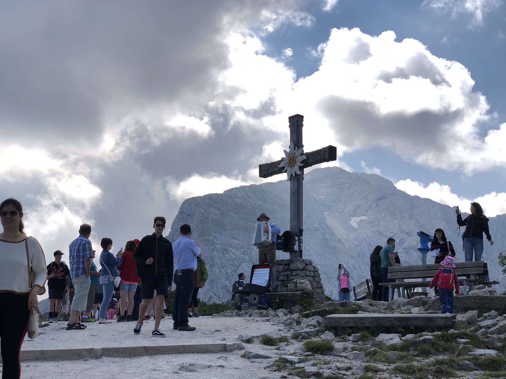Bike climb Kehlsteinhaus - accordion player, cross, mountains, walkway