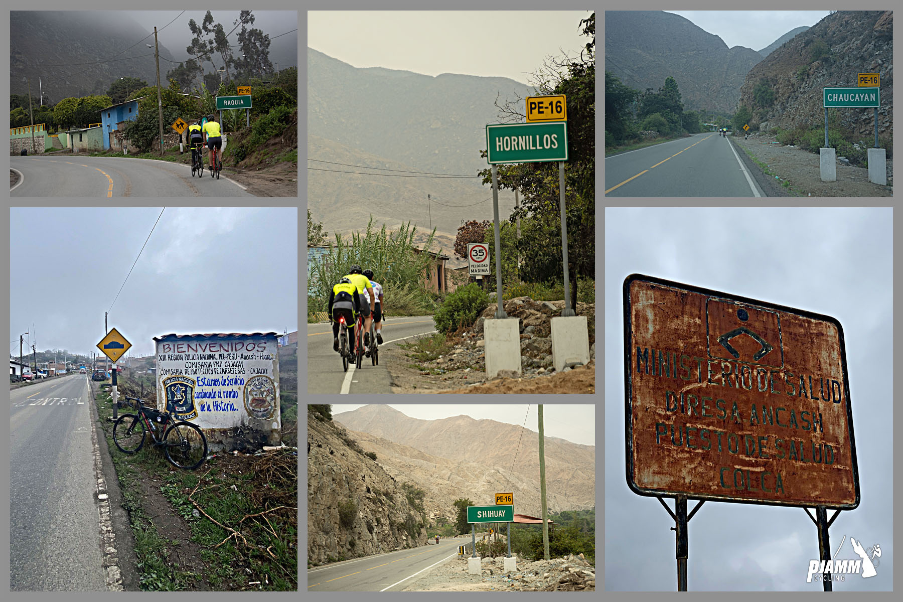 Cycling Conococha, Peru - photo collage shows road signs for several small towns the climb passes through