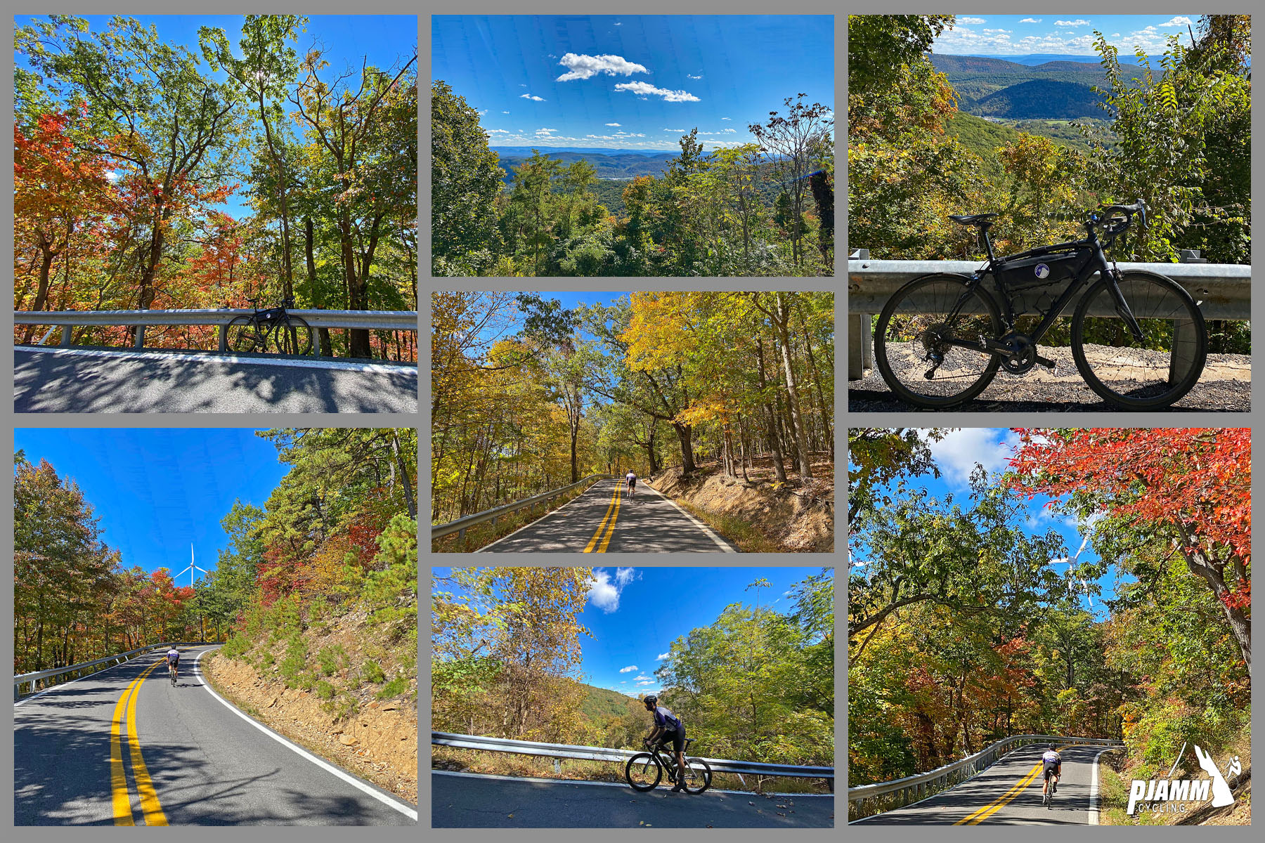 Cycling Woodland Lane, West Virginia - fall foliage, bright blue skies, and windmills on center part of climb