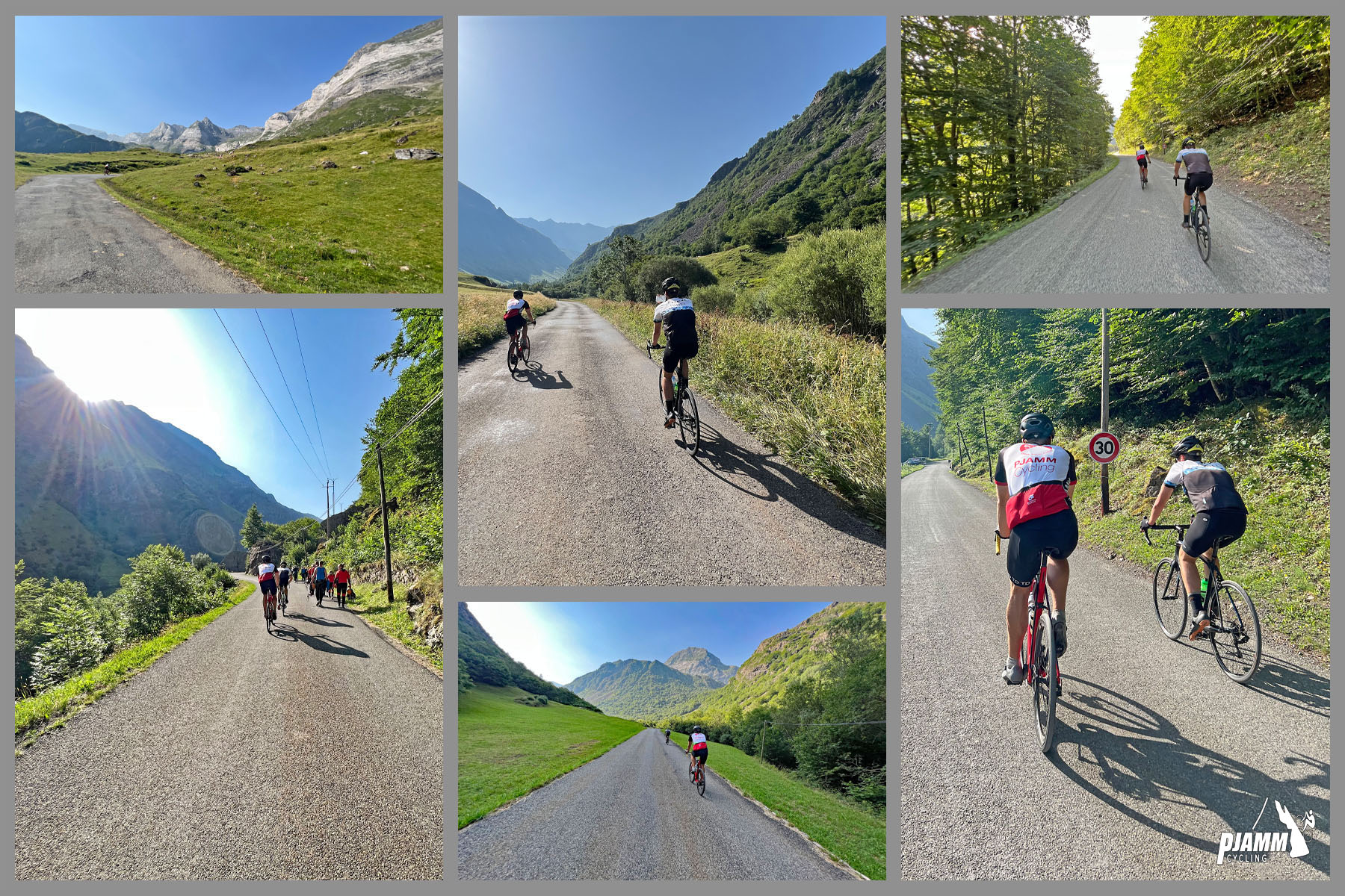 photo collage shows PJAMM Cyclists riding on beautiful mountain roadway, great road condition