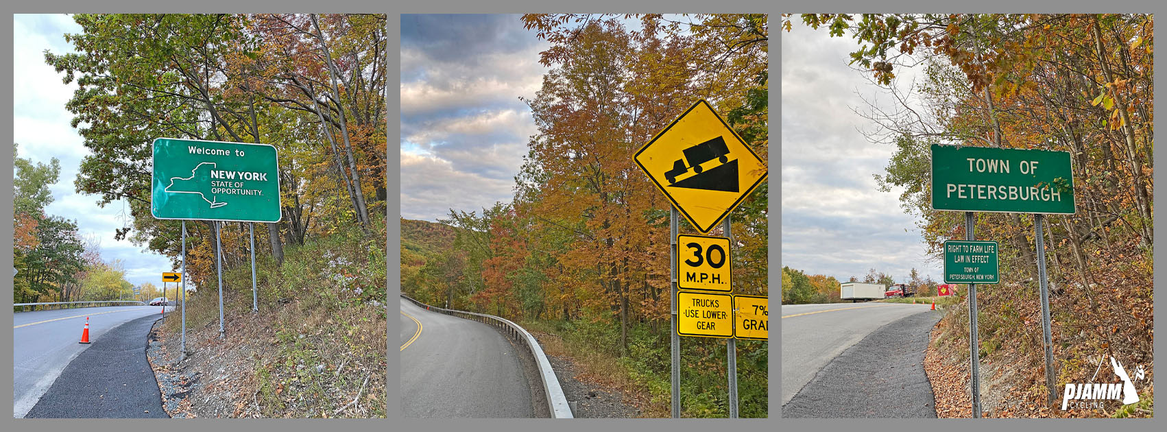 Cycling Petersburg Pass, Massachusetts - road signs for entering New York state, Town of Petersburg, and 30 MPH, PJAMM Cycling logo in corner