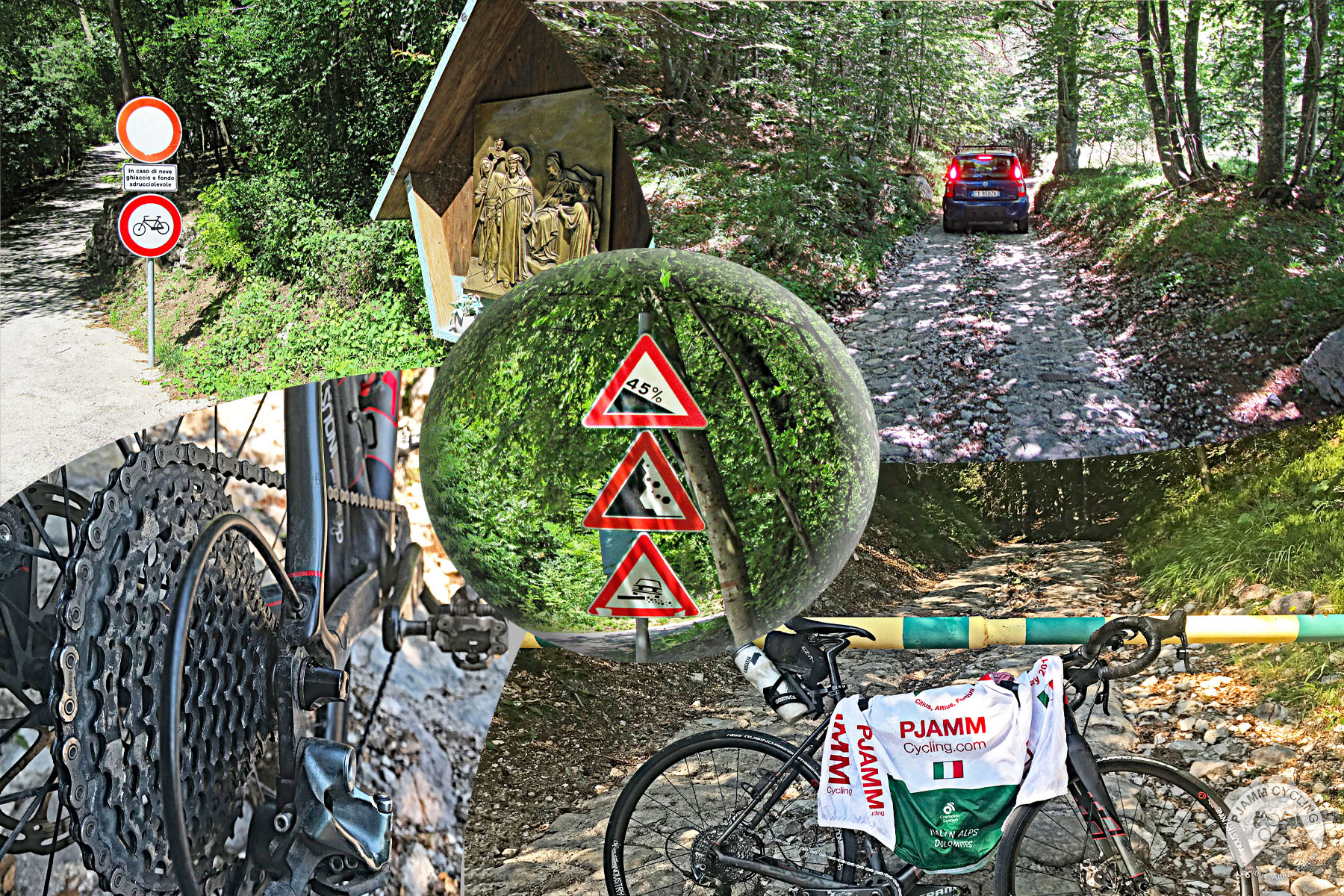 Photo collage shows road signs for 45% grade, PJAMM bike leaning against closed gate across roadway