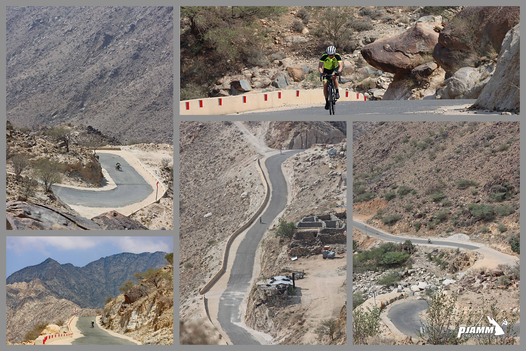 Cycling Almdan Pass, Saudi Arabia - photo collage, views looking down on roadway from above on the climb, PJAMM Cyclist rides up steep roadway