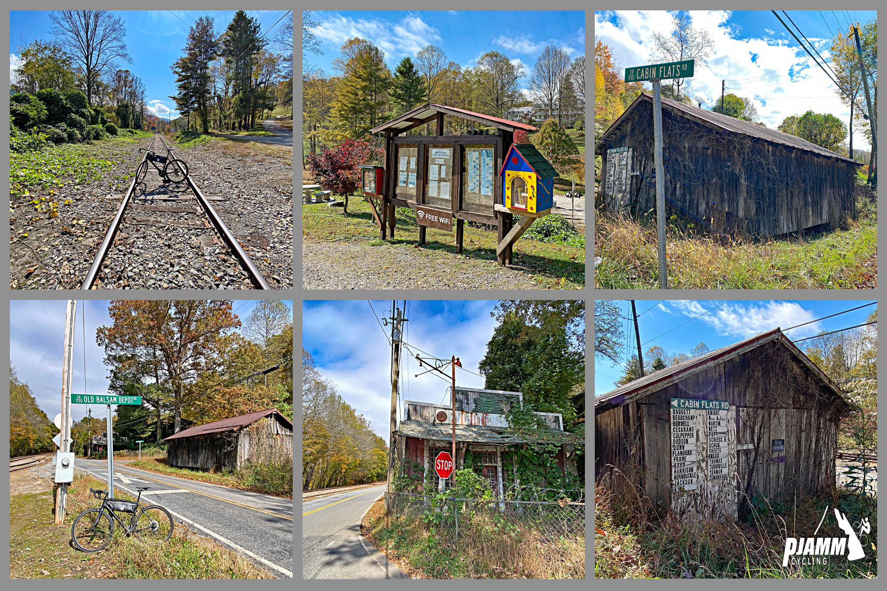Cycling Richland Balsam, Blue Ridge Parkway - photo collage, town of Balsam, bike parked on train tracks, abandoned Knight's Store with brush growing up against building, PJAMM Cycling logo in corner