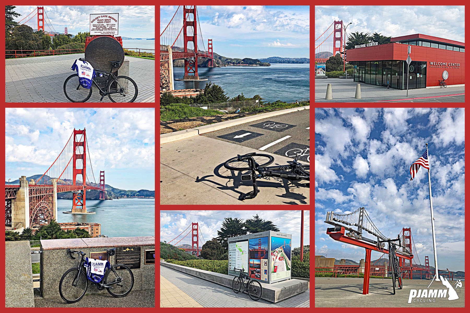 Cycling Golden Gate Bridge to Mt. Tam, California Cycling Golden Gate Bridge to Mt. Tam, California - photo collage, various views of the Golden Gate Bridge, PJAMM Cycling logo in corner