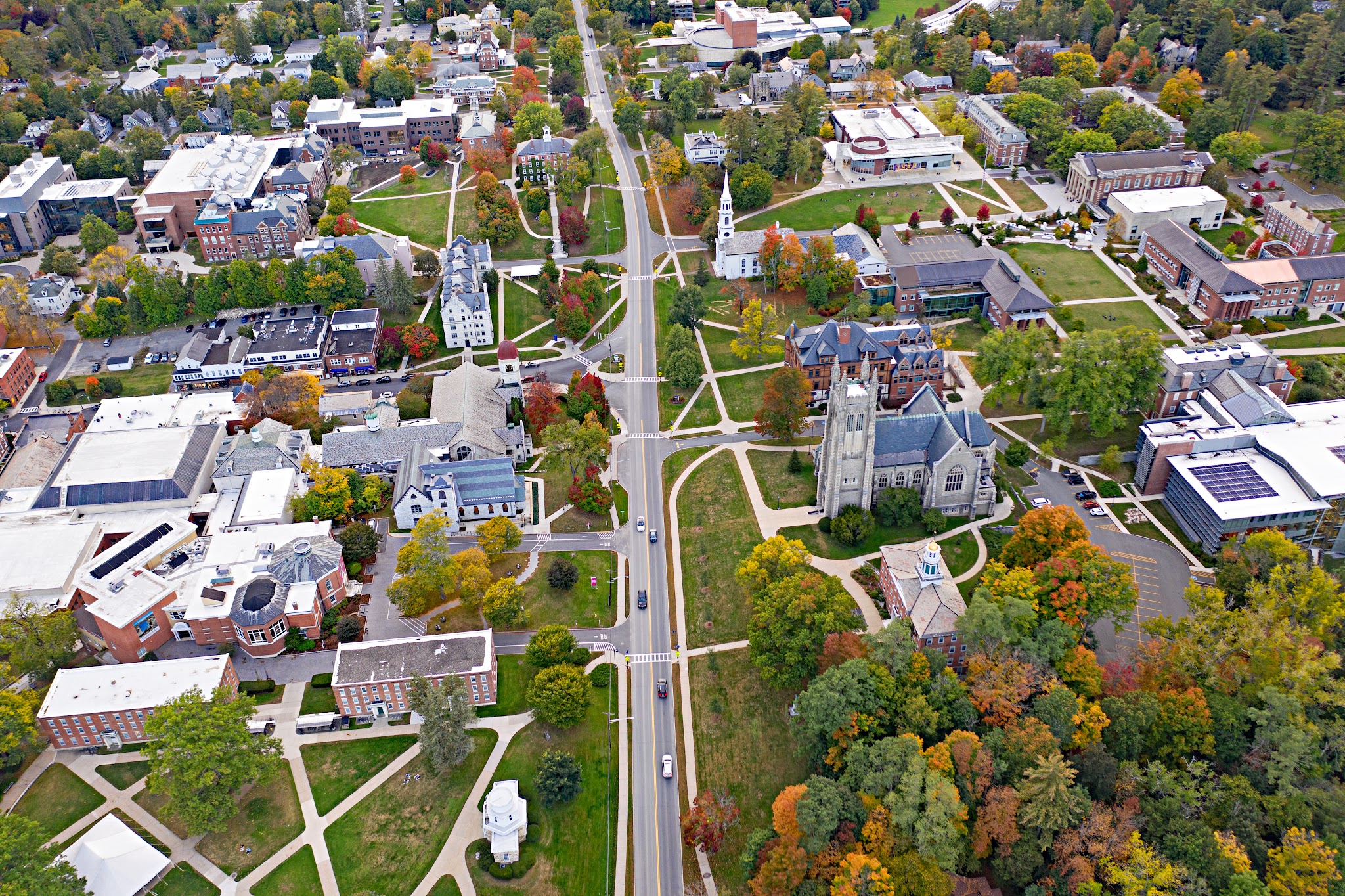 Aerial view of town of Williamstown during fall