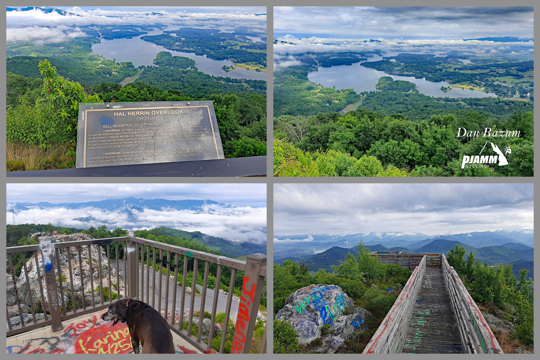 photo collage from Hal Herrin Overlook at climb's finish; graffiti on 360 degree lookout viewpoint