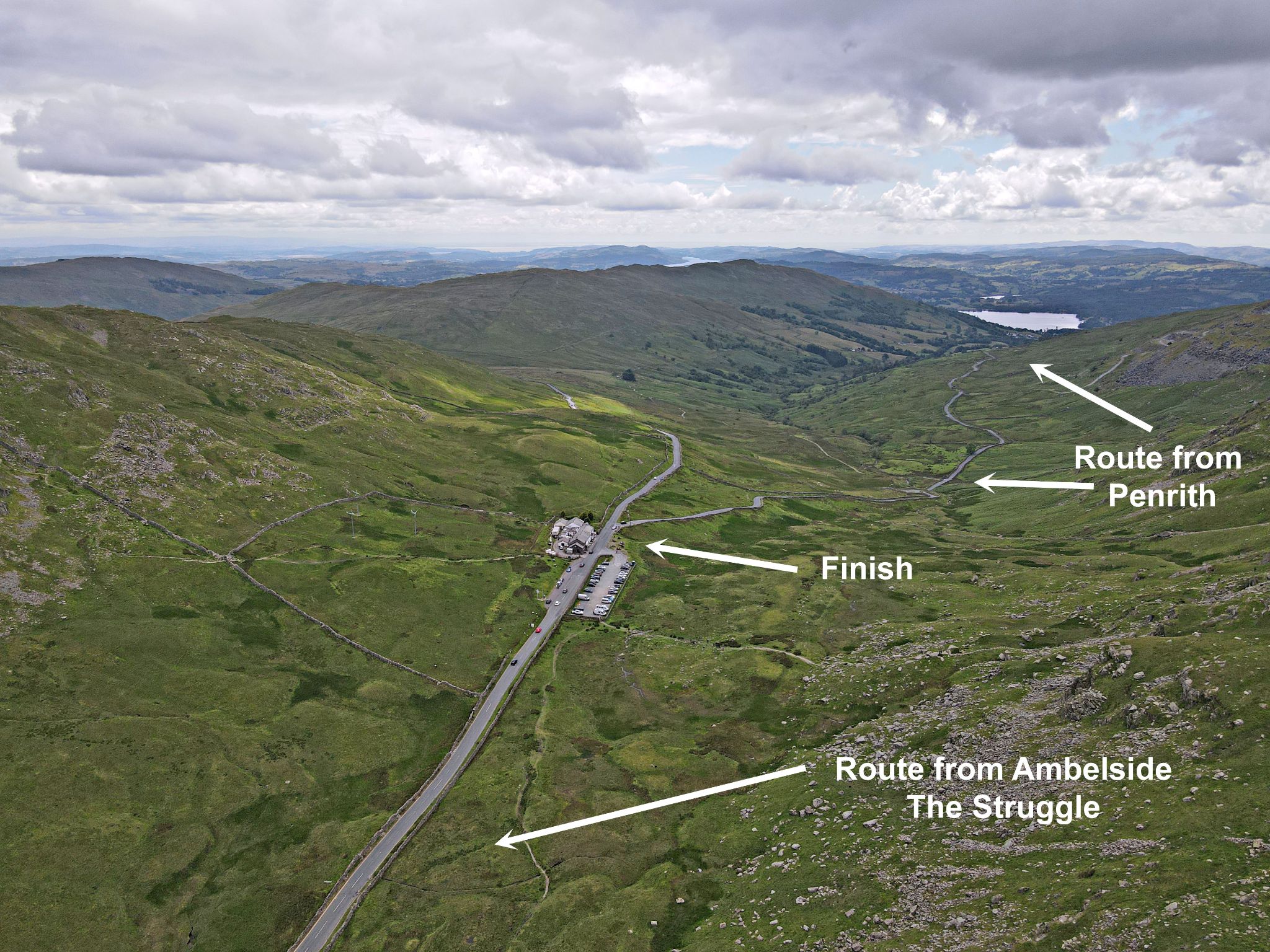 aerial drone view has important points noted: route from Ambleside: The Struggle, Climb finish, and Route from Penrith