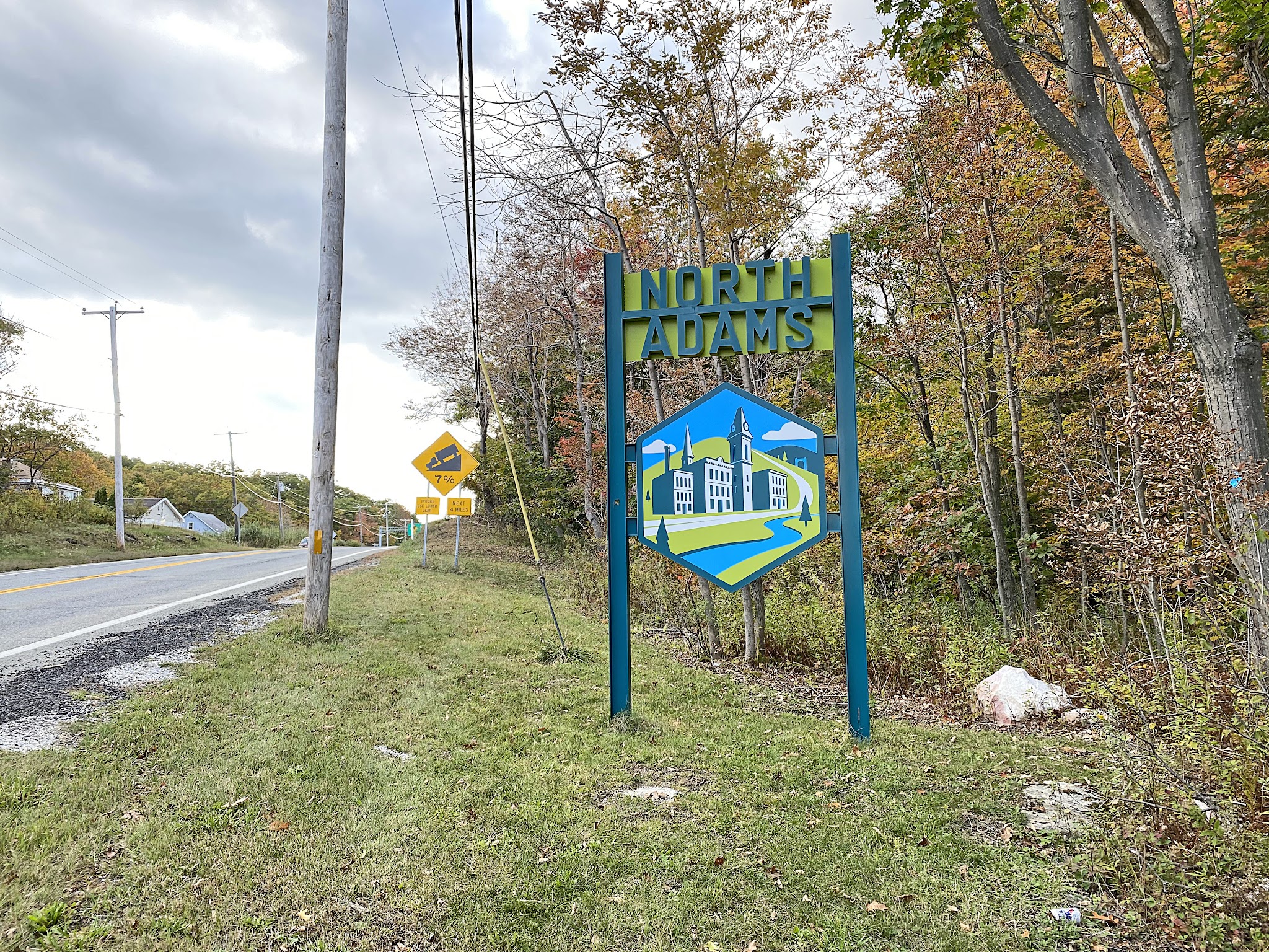 Cycling Mohawk Trail West, Massachusetts - sign for North Adams on side of road