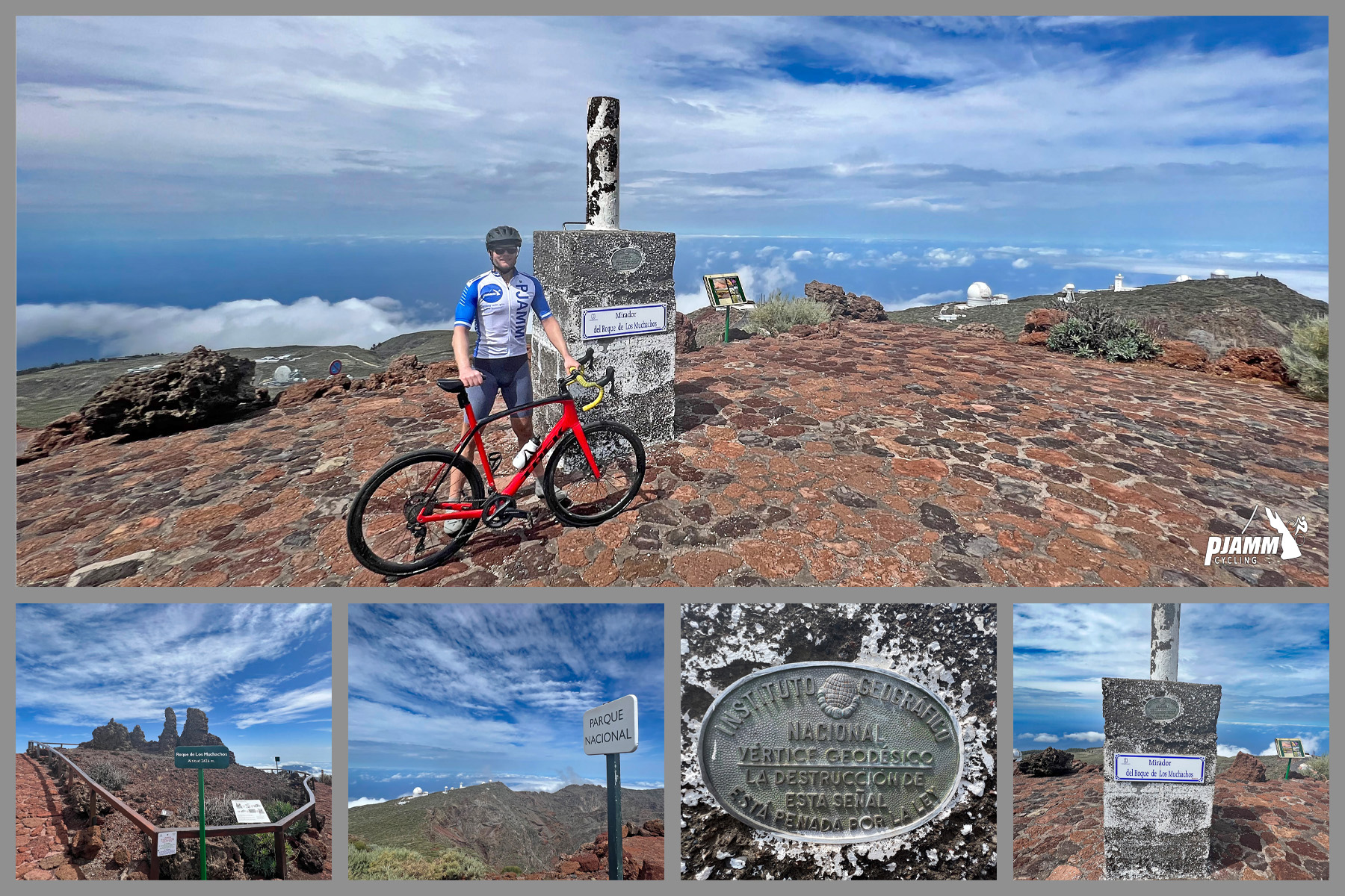 photo collage shows PJAMM Cyclist standing next to monument and placard at climb finish past the observatories