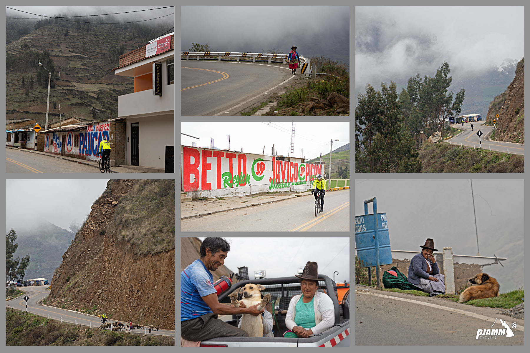 Cycling Punta Callan East, Peru - views along the climb, including a man and a woman smiling in the bed of a truck with their dog, a brightly colored roadside sign,  and a man picnicking on the mountainside with his dog