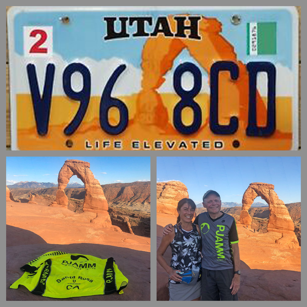 photo collage, PJAMM Cycling logo in corner, Utah license plate with Delicate Arch picture on it, John and Rochelle Johnson in front of Delicate Arch, yellow PJAMM cycling jersey