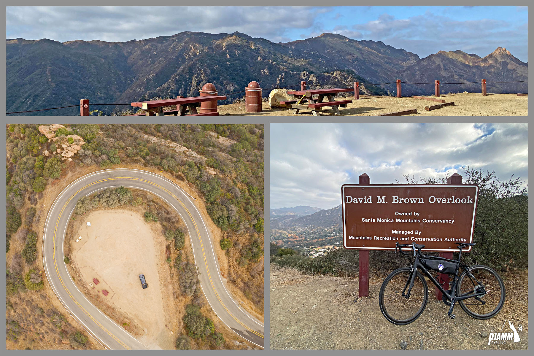 Cycling Malibu Canyon Road to the top of Piuma Road - aerial view of hairpin turn, bike parked against sign for David M. Brown overlook, Santa Monica Mountains