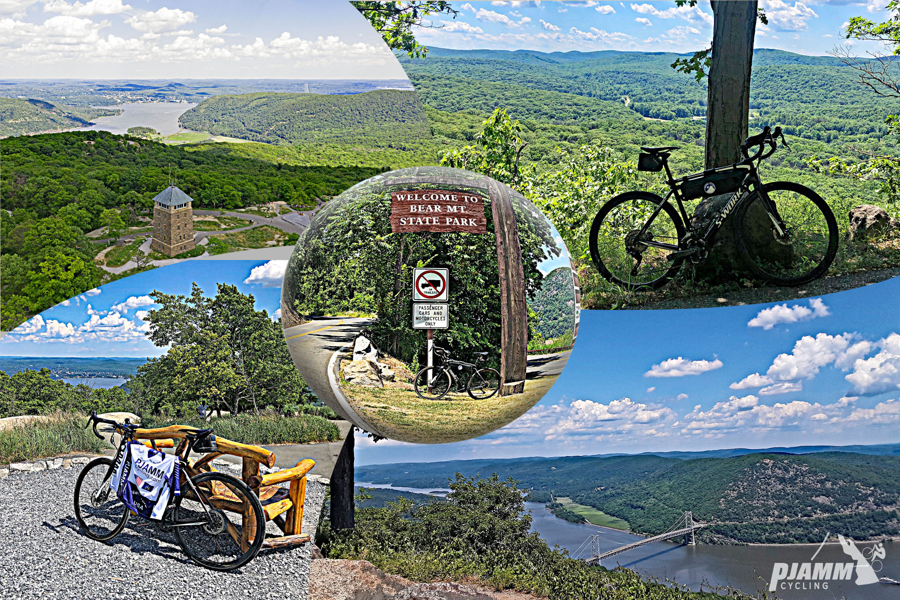 Cycling Bear Mountain, New York - photo collage, Perkins Memorial at top of climb, wooden bench at climb's summit, Bear Mountain Bridge as seen from above, sign for Bear Mt. State Park, PJAMM Cycling logo in corner
