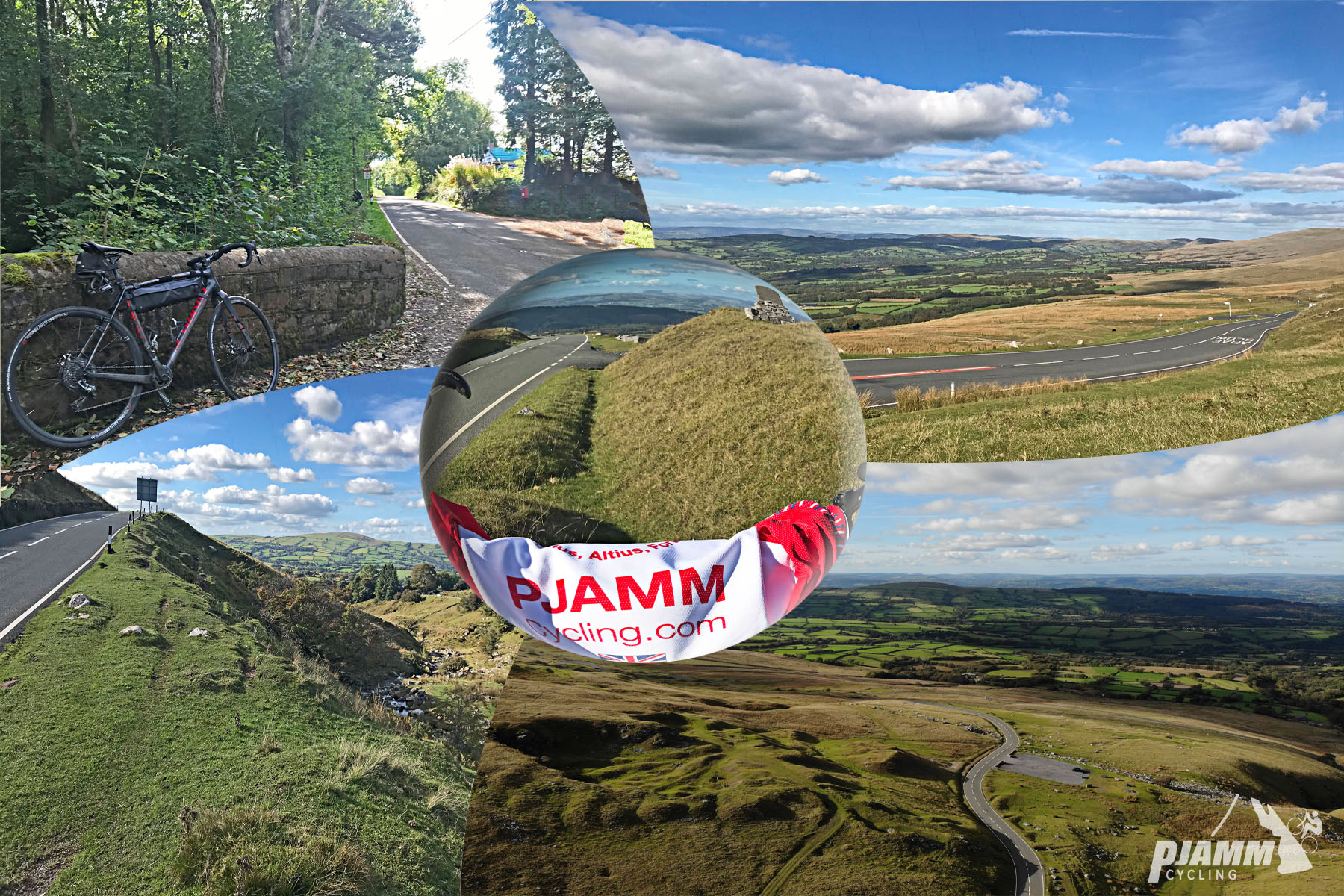 Cycling Black Mountain, Wales - bike parked along roadside, aerial views of pastureland with road traveling through it, PJAMM cycling jersey, PJAMM Cycling logo in bottom corner