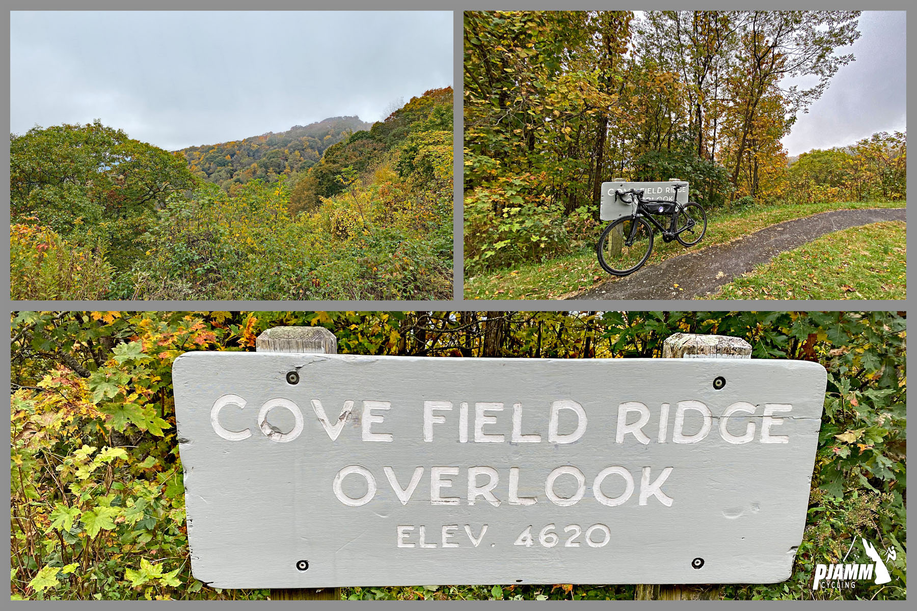 Cycling Richland Balsam, Blue Ridge Parkway - scenic overlook sign reads "Cove Field Ridge Overlook," bike parked along trail at overlook sign, orange fall foliage