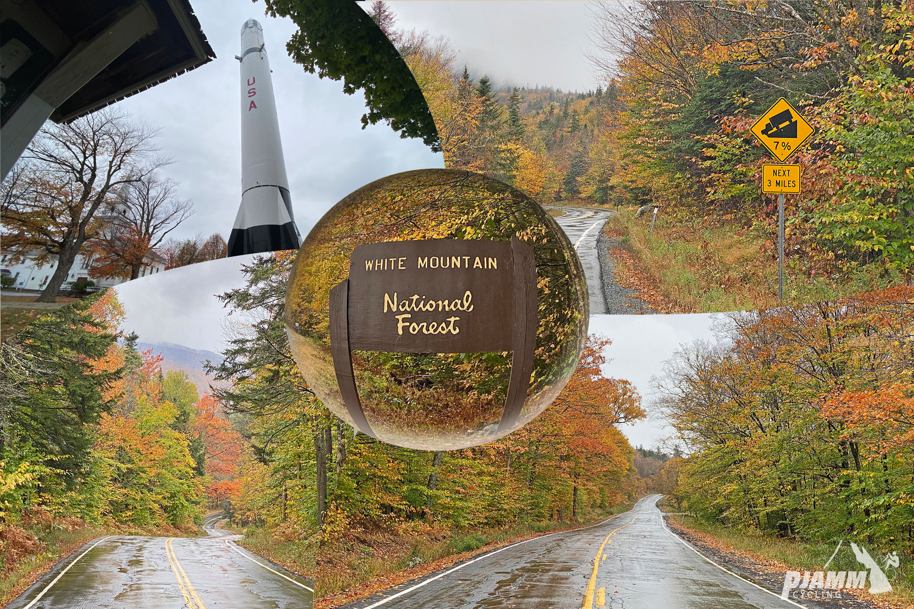 Cycling Route 118 South, New Hampshire  - photo collage, sign for White Mountain National Forest, fall foliage, Redstone Ballistic missle, PJAMM Cycling logo in corner