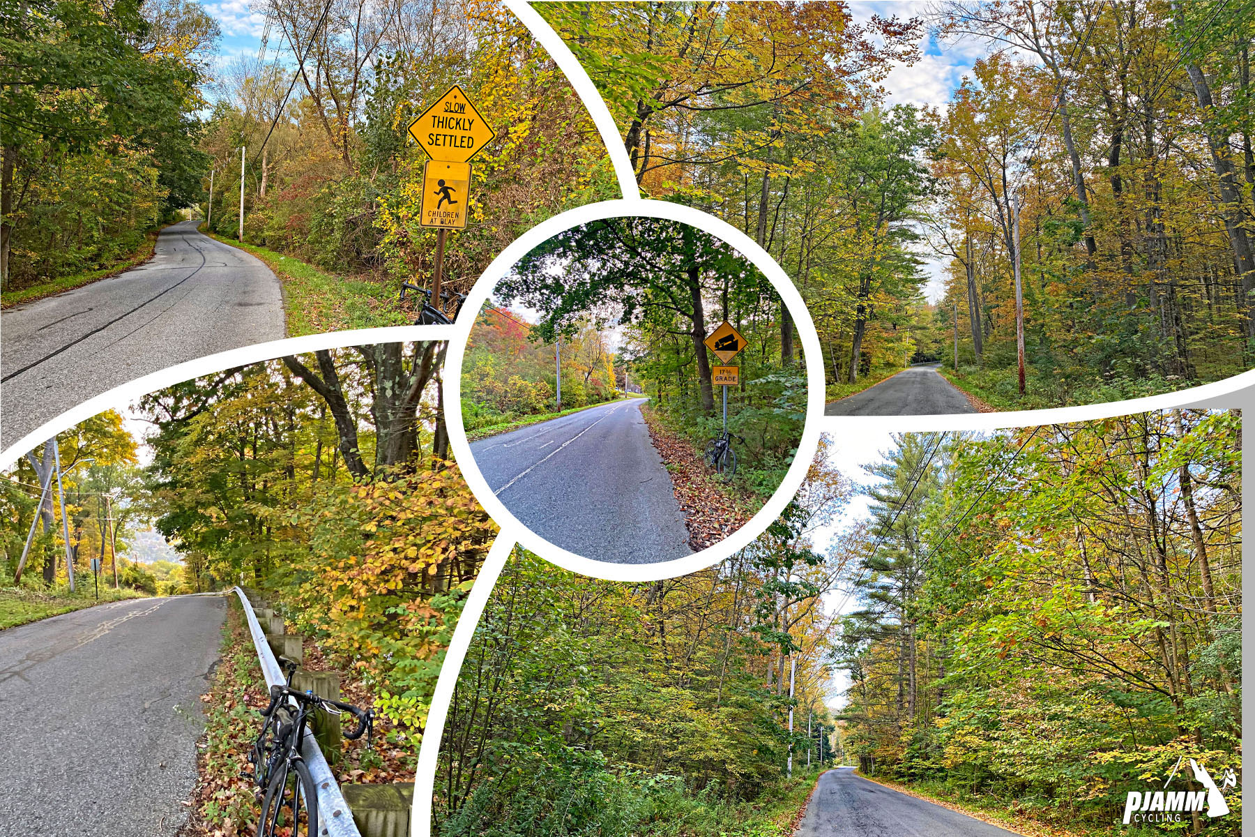 Cycling Mt. Greylock, Massachusetts  - photo collage, views of one-lane roadway shrouded in brightly colored fall foliage, PJAMM Cycling logo in corner