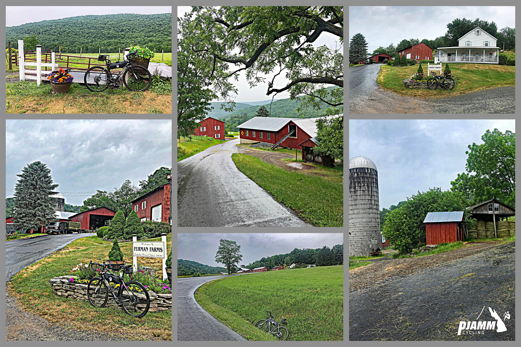 Cycling Glade Hill Road, Grahamsville, New York - photo collage, PJAMM Cycling logo in corner, Furman Farms, bike parked at various locations at a a working farm established and family owned since 1820