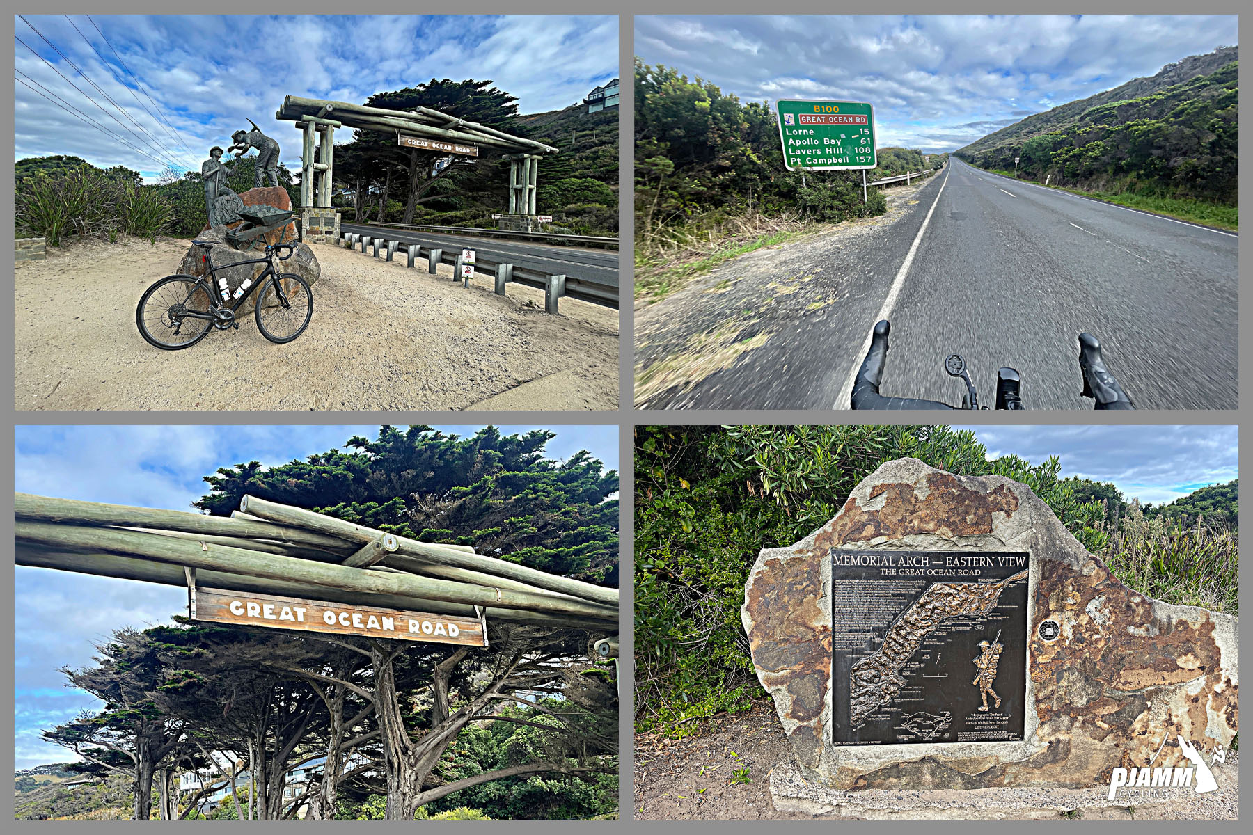 photo collage shows bike leaning against miner statue on road side next to sign for Great Ocean Road; memorial arch plaque