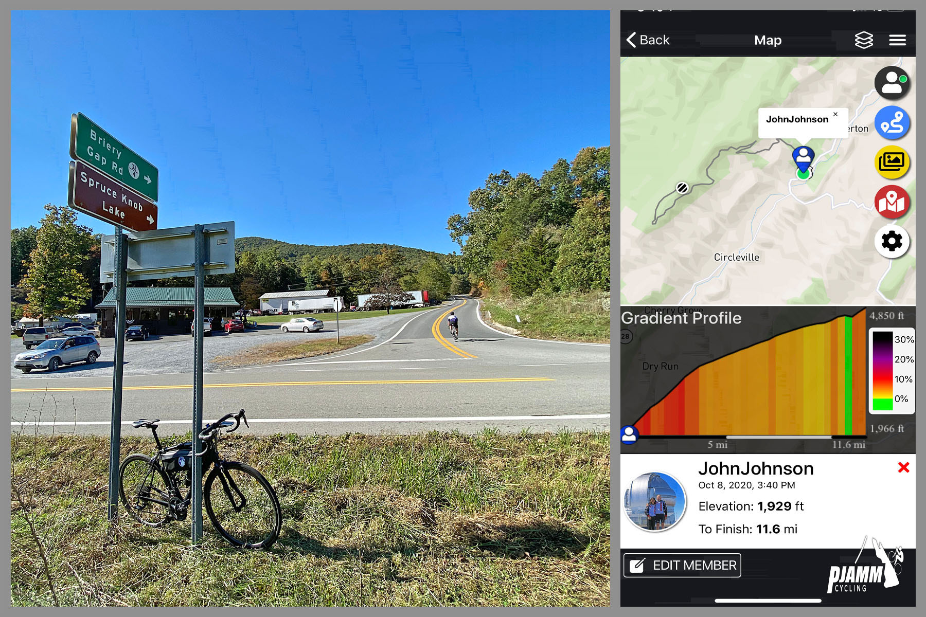 Cycling Spruce Knob, West Virginia - photo collage, bike parked against roadsigns at ride's start, PJAMM Adventure App with climb grade and profile, PJAMM Cycling logo in corner