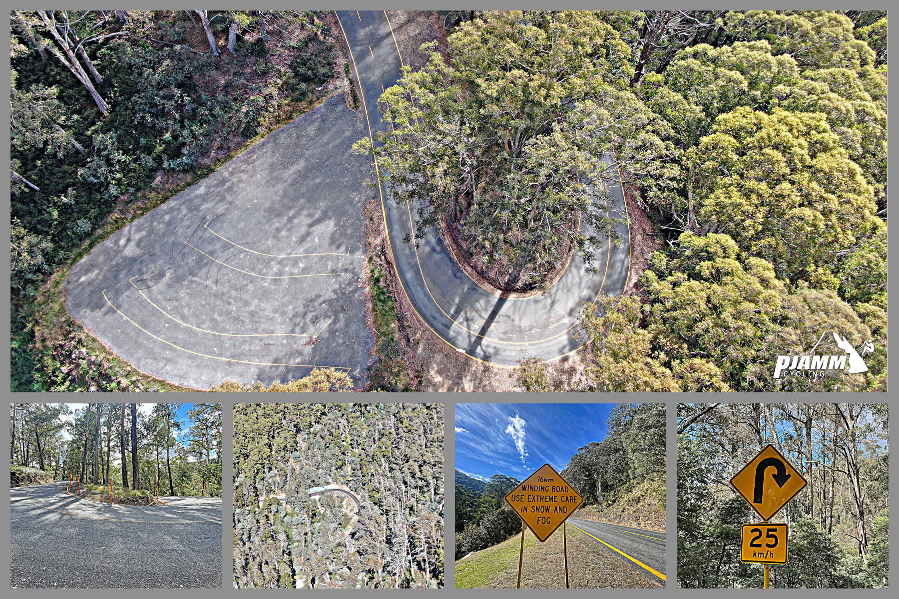 aerial drone views of hairpin turns along the climb