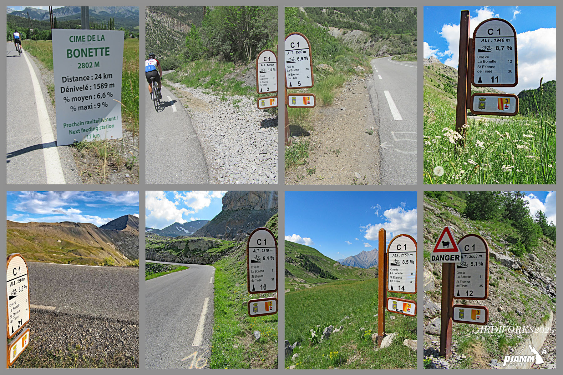 Cycling Cime Bonette from Jausiers, France - kilometer markers along the climb