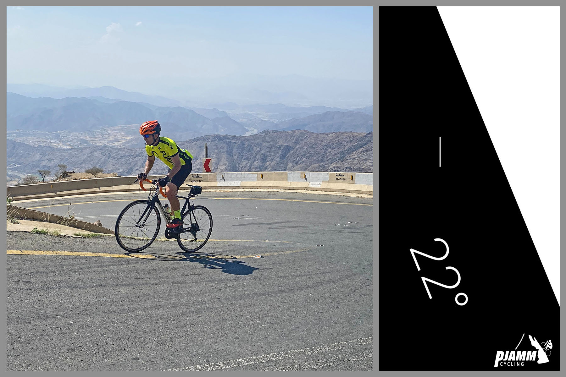 Cycling Bashout Pass, Saudi Arabia - PJAMM Cyclist rides along steep curve in roadway