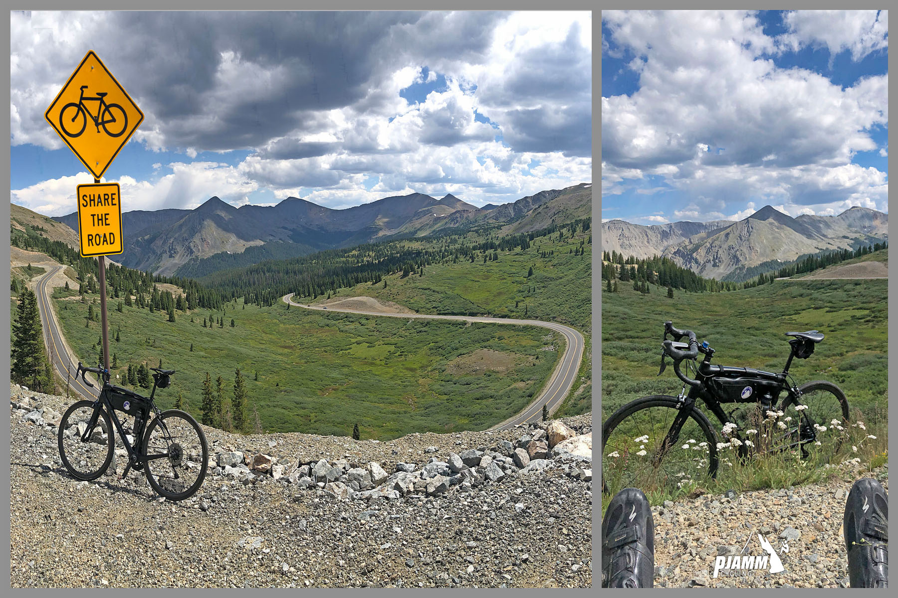 Cycling Cottonwood Pass, Colorado - photo collage, PJAMM Cycling logo in corner, bike parked next to Share the Road sign on roadside overlooking mountainside, hairpin turn below just before the Pass