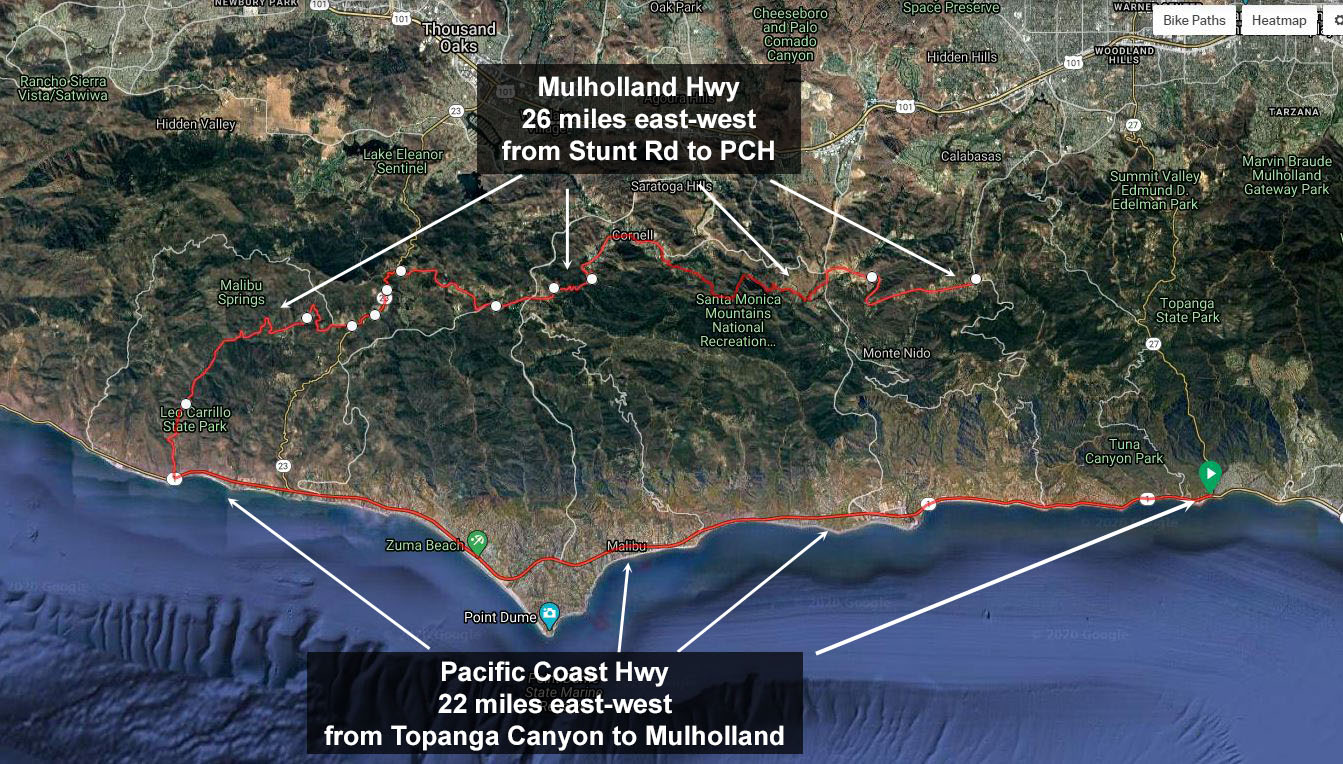 Cycling the Santa Monica Mountains, California - map shows the Pacific Coast Highway and Mulholland Highway